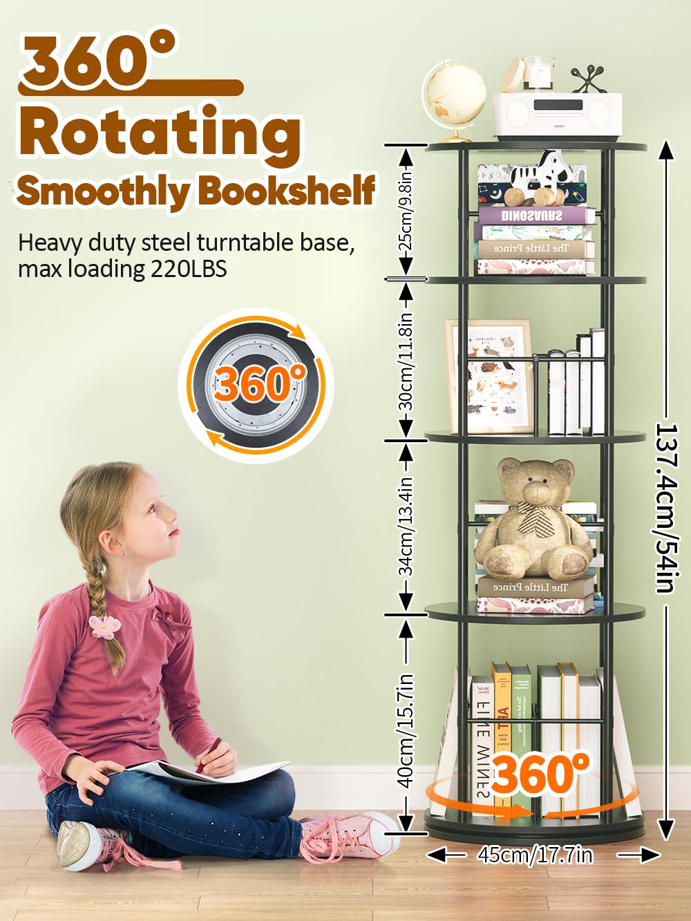 Rotating Bookshelf Tower, 4 Tier Corner Bookshelf for Small Space, 360 Display Spinning Bookcase, Floor Standing Book Shelves Storage Rack Narrow Round Book Shelf Organizer for Bedroom, Living Room Turosur