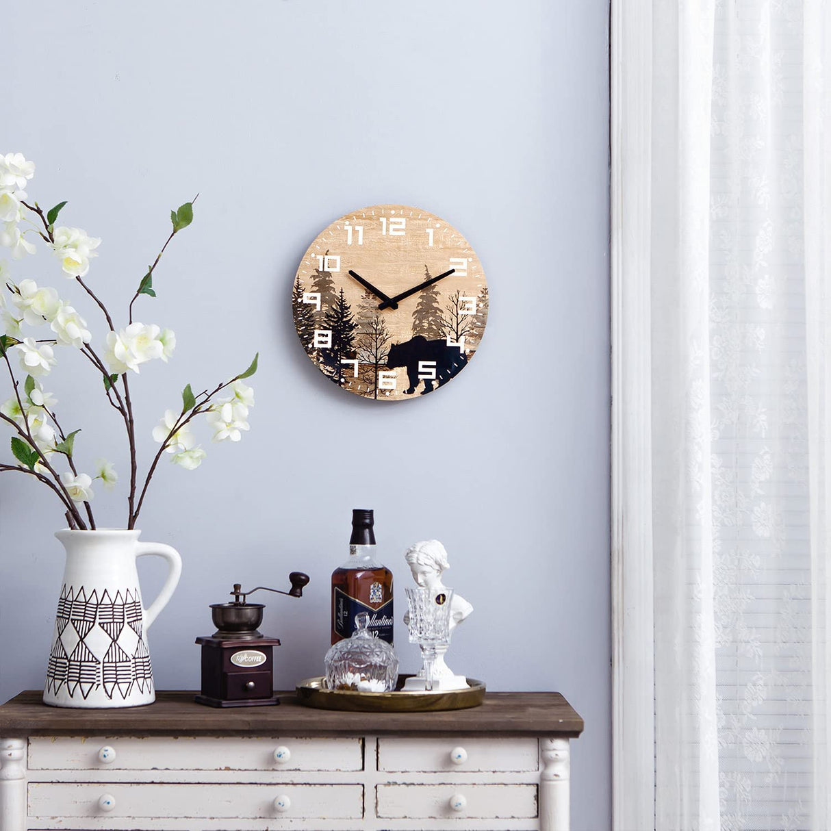 NIKKY HOME Cabin Bear Wall Clock Silent Non Ticking - 12 Inch Battery Operated Rustic Farmhouse Wooden Forest Wildlife Mountain Lodge Decor Art NIKKY HOME