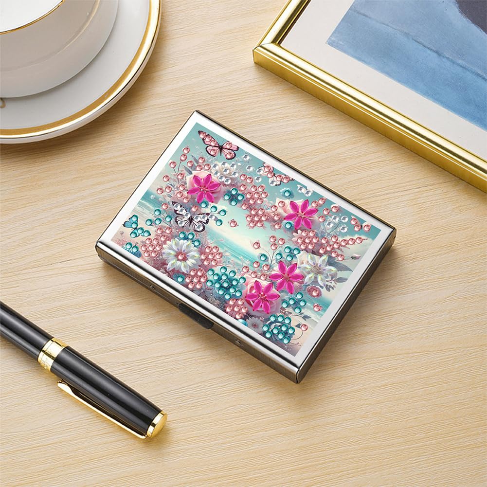 Stainless Steel Diamond Art Card Holder for Adults, Heart Flower Design 9.5x6.5cm Anti-demagnetization Credit Card Wallet with Zipper WoodArtSupply