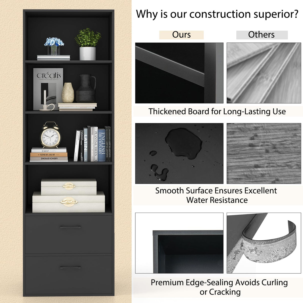 IFANNY 74" Tall Bookcase, Freestanding Bookshelf w/ 4 Open Shelves & 2 Drawers, Modern Display Shelf with Anti-Toppling Device, Wooden Book Shelf for Bedroom, Study, Living Room, Office (Black, 74''H) IFANNY