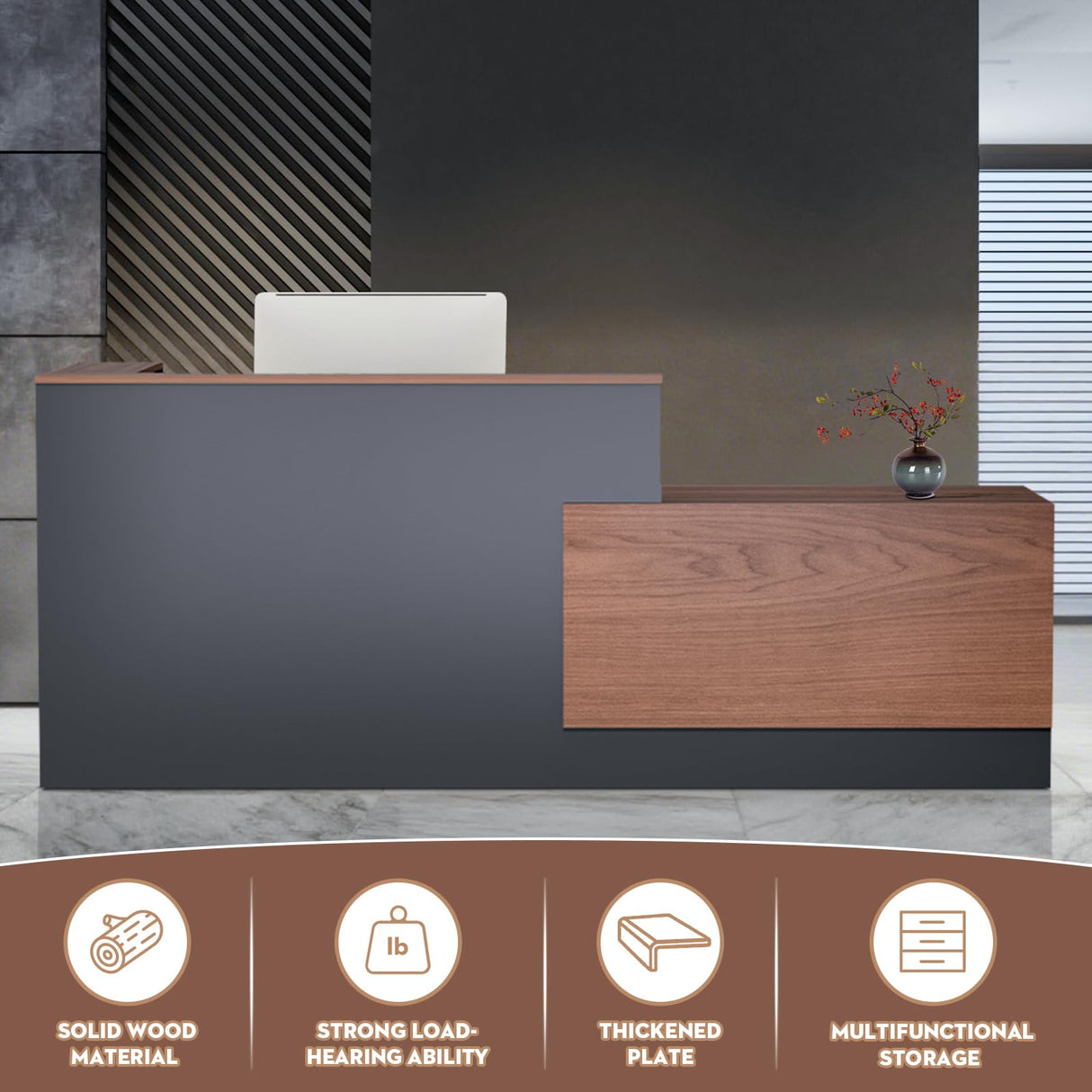 kaiwrxin L-Shaped Modern Reception Desk with Counter & Storage - 84" Large Office Front Desk, Salon Checkout Counter with Lockable Cabinets, Shelves (Brown & Black, Left - 84''L x 34''W x 41''H) kaiwrxin