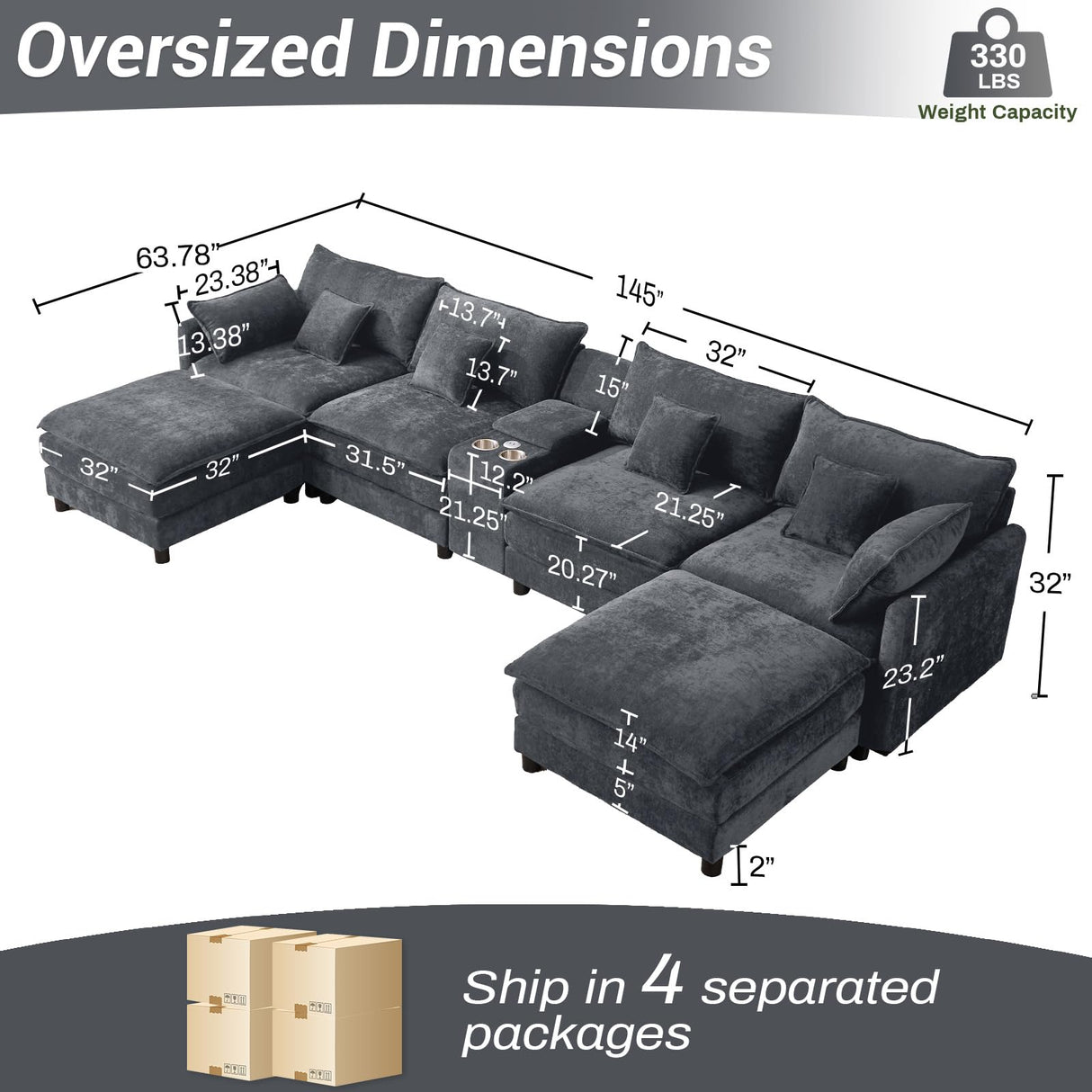 145" Oversized Modular Sectional Sofa U Shaped Cloud Couch 6 Seat Sofa Set for Living Room Comfy Fluffy Chenille Deep Seat with Movable Ottomans, Storage Console, Cup Holders, USB Ports, Dark Grey BEQAI