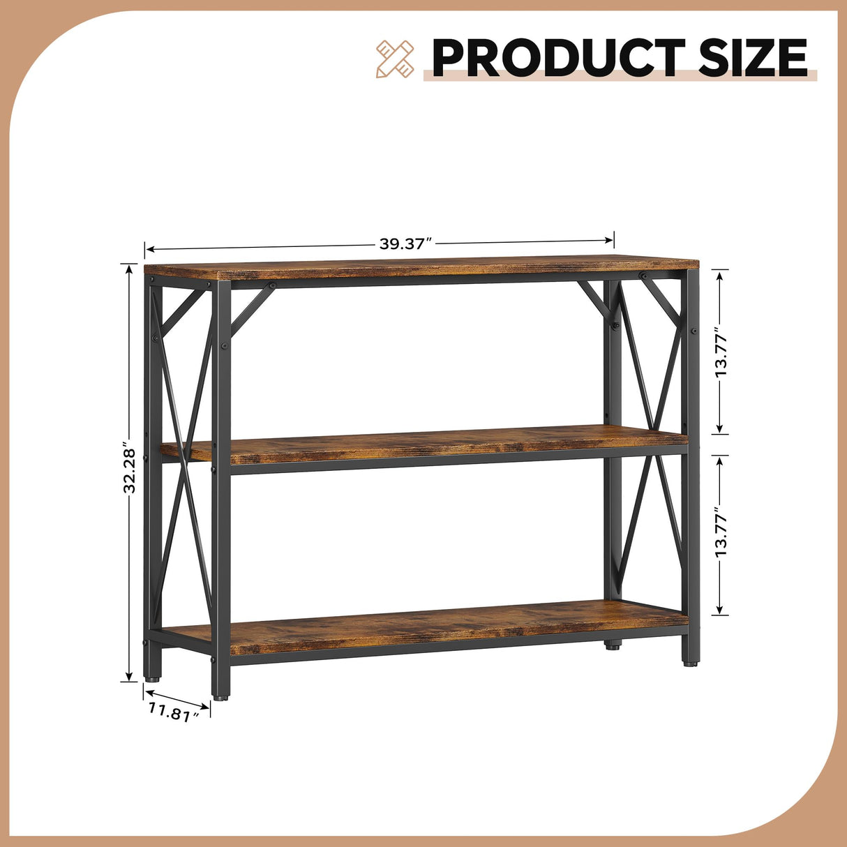 Homeiju Entry Table 40" Width, 3-Tier Entryway Table with Storage, Industrial Sofa Table with Open Shelves, Foyer Tables for Entryway, Hallway, Kitchen, Living Room and Bedroom, Rustic Brown Homeiju