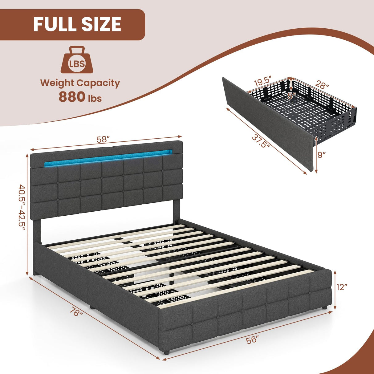Giantex Grey Upholstered Full Bed Frame with LED Lights, USB Ports and 4 Storage Drawers Giantex