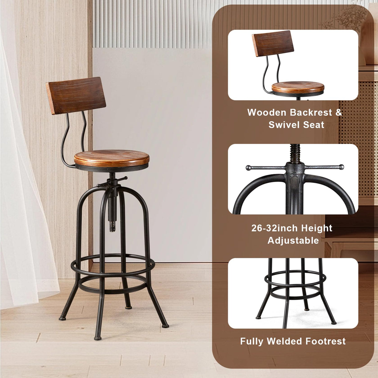 LOKKHAN Industrial Bar Stool-26-32 Inch Adjustable Swivel Round Wood Metal Kitchen Stool Rustic Farmhouse Counter Height Extra Tall Bar Height Stool-Arc-Shaped Backrest,Welded,Set of 2 LOKKHAN