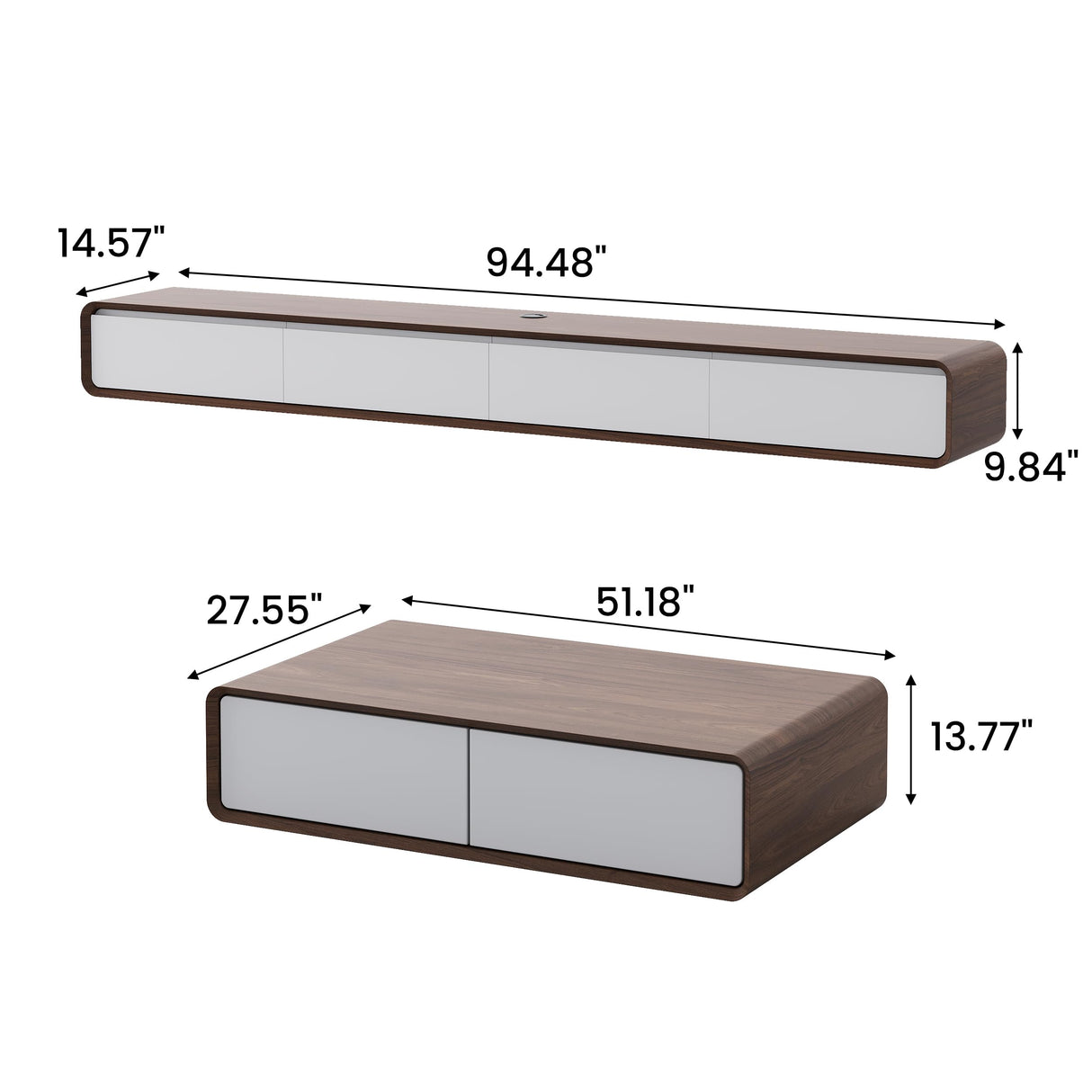 POVISON Mid Century Modern TV Stand and Coffee Table Set of 2, Minimalist Floating TV Stand 95" Modern Wall-Mounted Entertainment Center, 51" Square Wood Coffee Table, Walnut & White POVISON