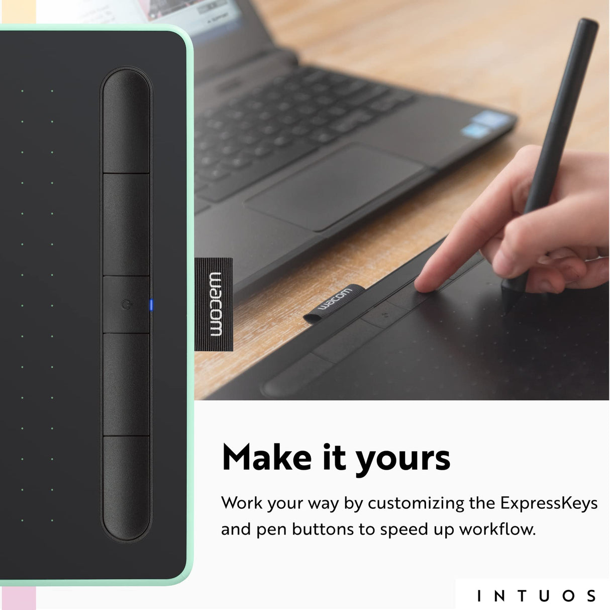 Wacom Intuos Small Bluetooth Graphics Drawing Tablet, Portable for Teachers, Students and Creators, 4 Customizable ExpressKeys, Compatible with Chromebook Mac OS Android and Windows - Pistachio Wacom