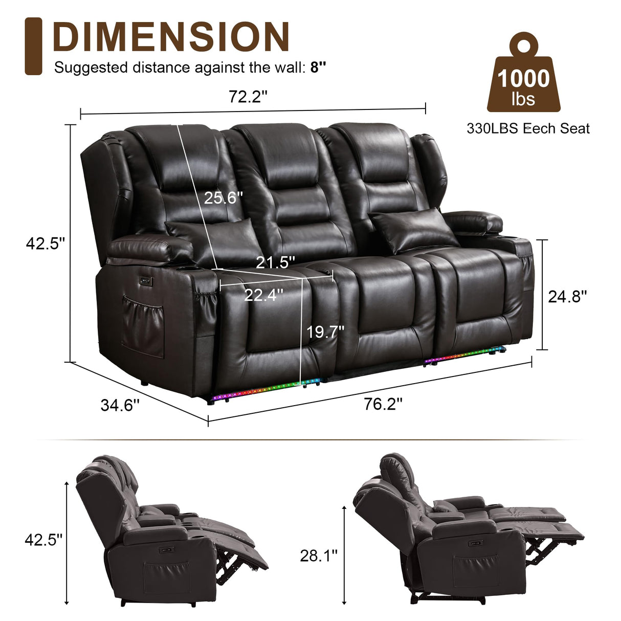 DRMBOOK RV Power Loveseat Recliner Sofa, Faux Leather 3-Seater Wall Hugger Reclining Sofa, Home Theater Seating Chair with Cup Holders, 3 Person Couch RV Furniture for Living Room, Brown DRMBOOK