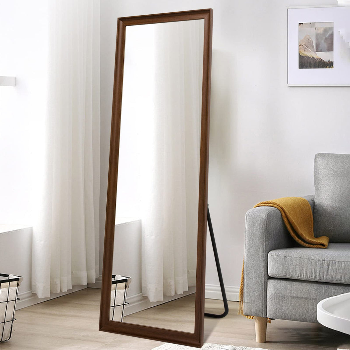 TheiaMo Full Length Mirror Wood Frame, 65×22in Floor Mirror Full Body Mirror with Standing Holder Hanging Wall Mirror, Stand Large HD Mirror, Dressing Mirror for Bedroom/Living Room, Walnut TheiaMo