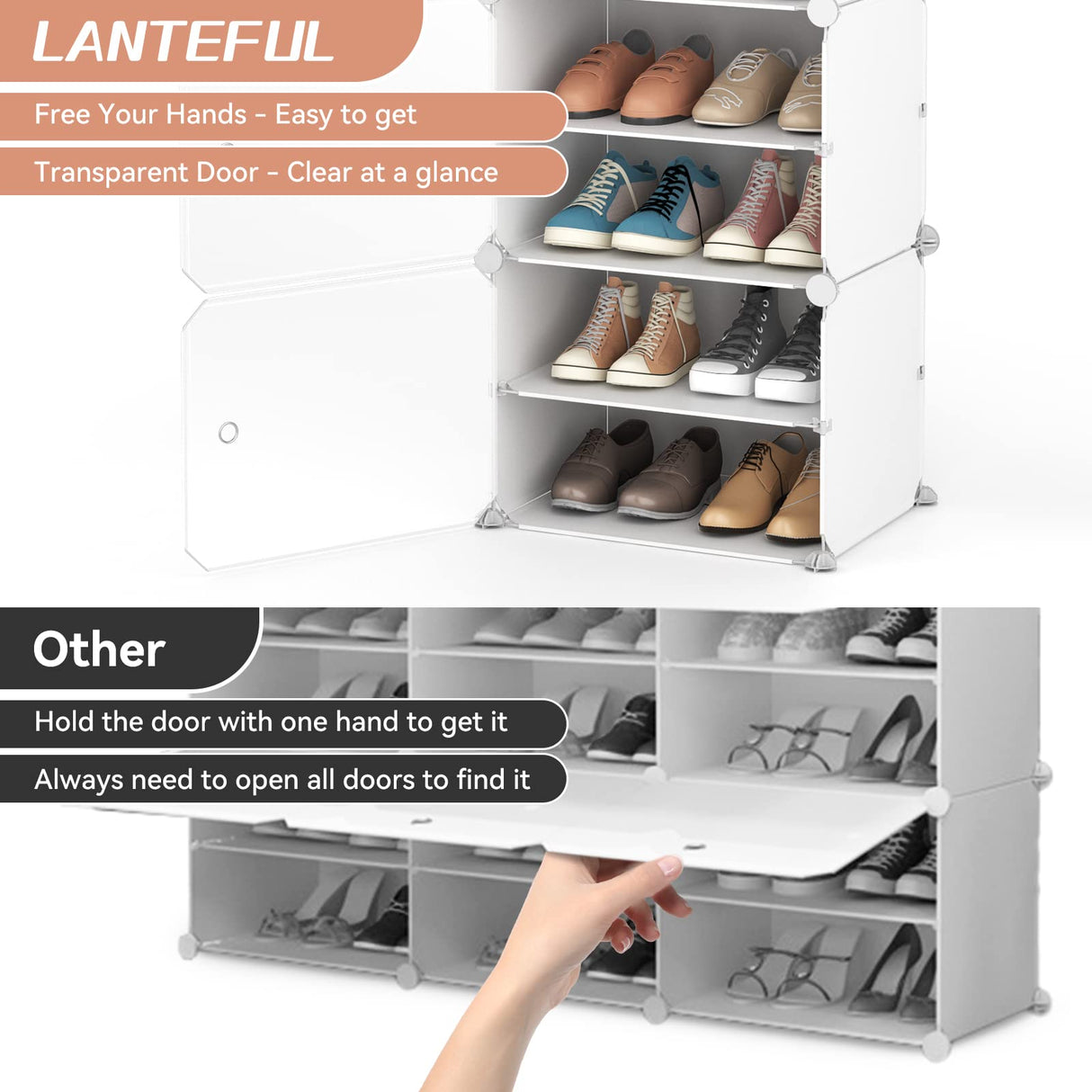 LANTEFUL 10 Tiers Tall Shoe Rack 20 Pair Shoe Organizer Narrow Shoe Rack with Door Portable Shoe Storage Cabinet with Hooks Sturdy Plastic White Shoe Shelf for Entryway and Bedroom LANTEFUL