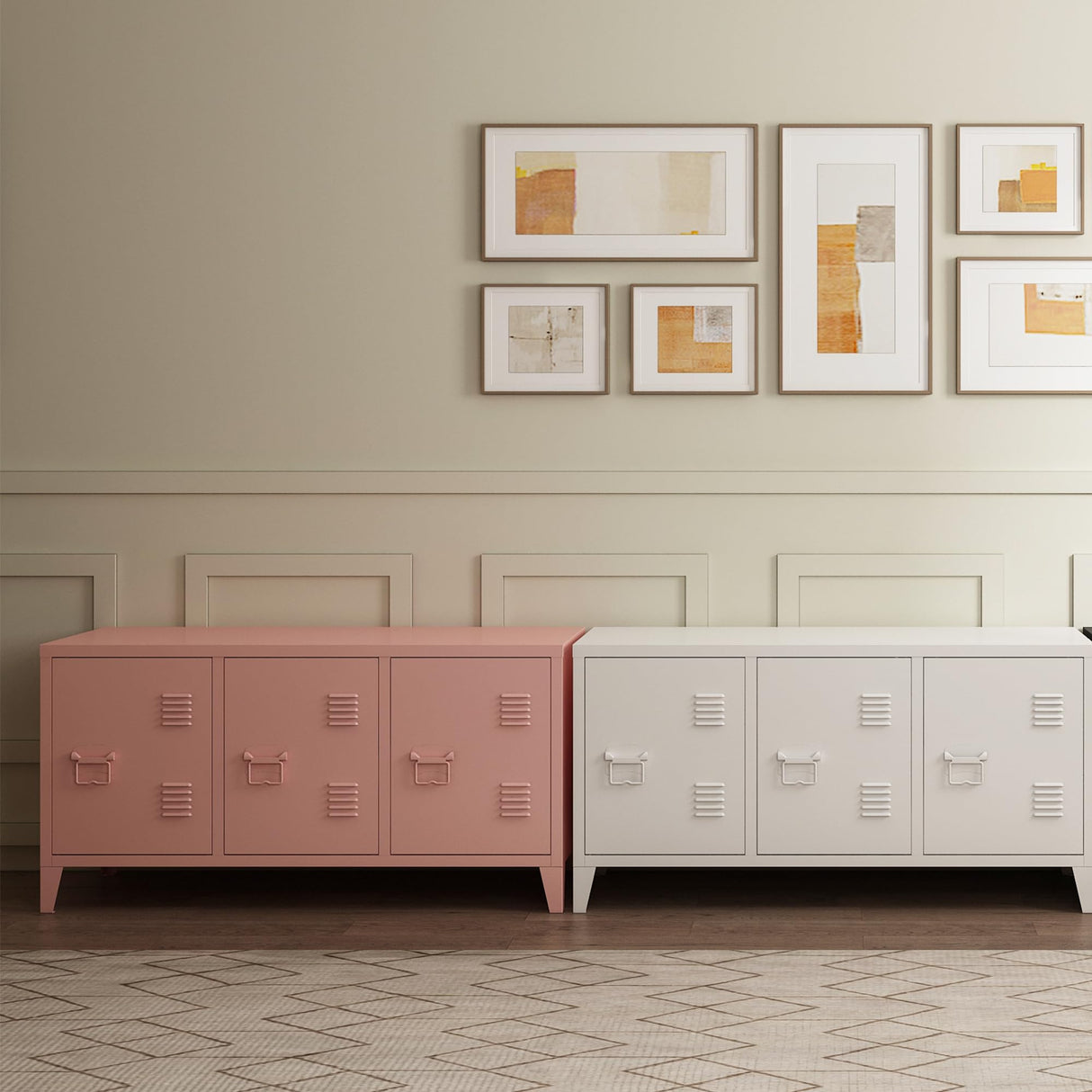 MIOCASA TV Stand Metal TV Table with Storage Steel 3 Door Locker Cabinet for Living Room (Pink) MIOCASA