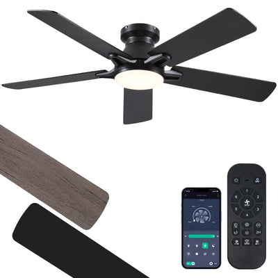 52 Inch Ceiling Fan with Lights and Remote/APP Control - Black Flush Mount Ceiling Fan with Dimmable LED Light, Reversible DC Motor, Low Profile Ceiling Fan for Modern Indoor and Outdoor Patios