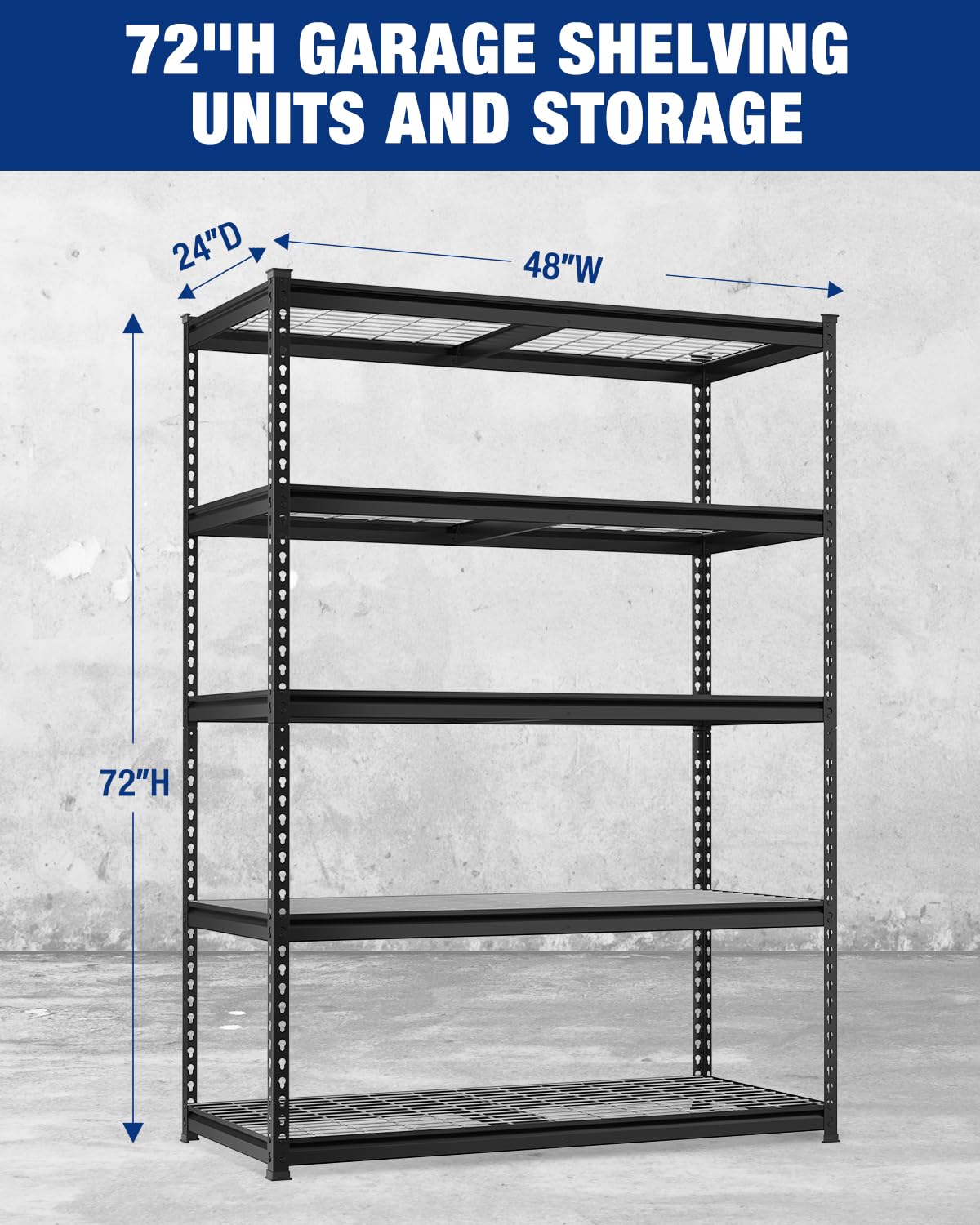 WORKPRO 5-Tier Heavy Duty Metal Shelving Unit, 72”H x 48”W x 24”D, Adjustable Storage Rack with 4000 lbs Capacity, for Garage, Basement, Workshop, Warehouse WORKPRO