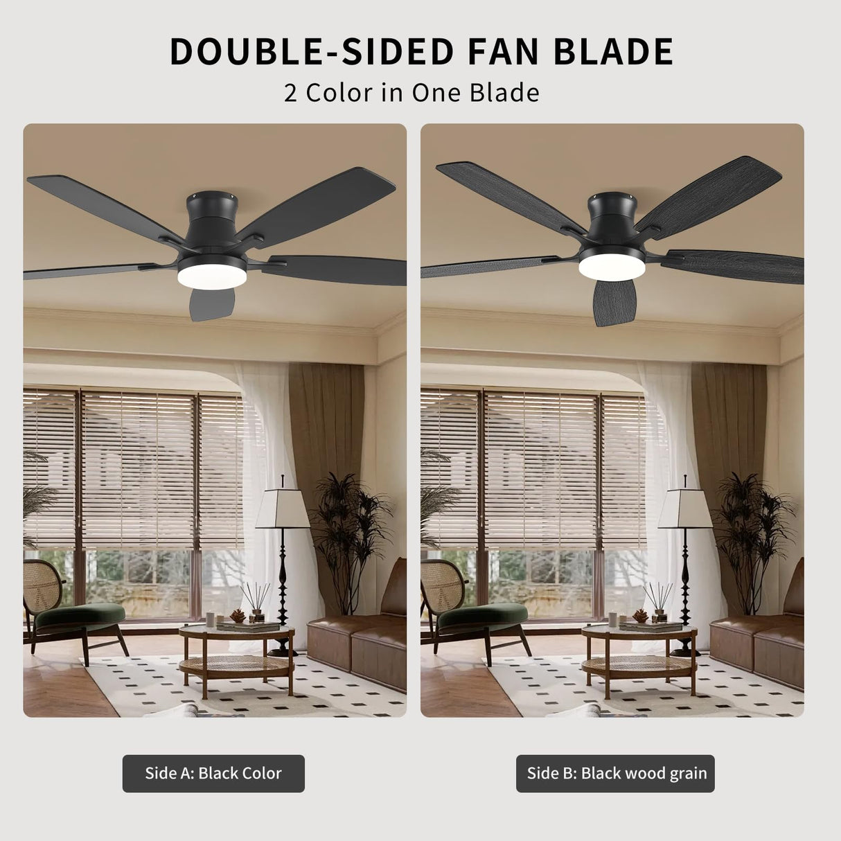 FUMLTP 54inch Ceiling fans with Lights, Low Profile RGB Ceiling fan with Light and Remote/App Control, Dimmable, DC Reversible Motor, Noiseless, 6 Speeds, Black Ceiling Fan For Bedroom Indoor Outdoor FUMLTP