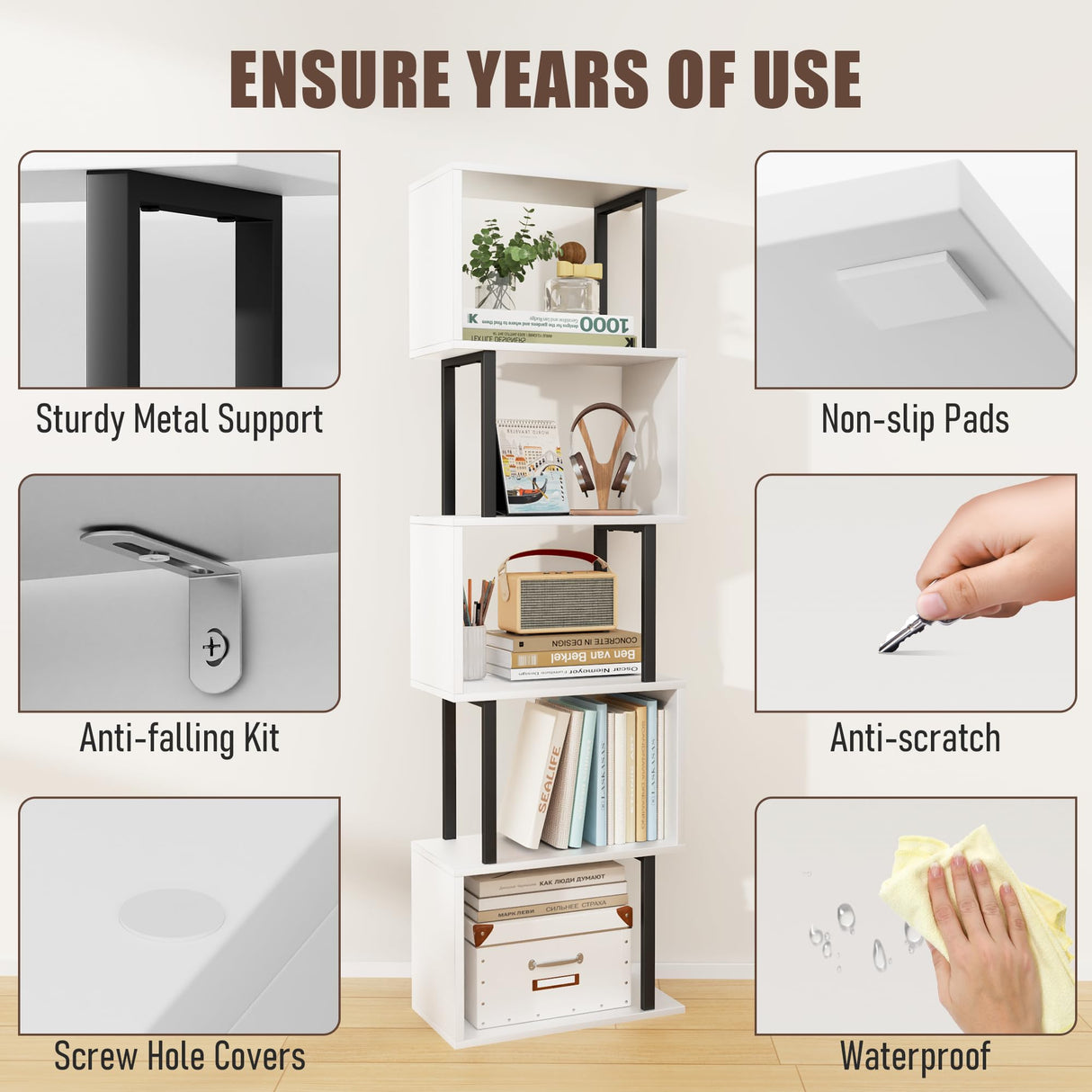 Gadroad 5-Tier Bookshelf, Narrow S-Shaped Geometric Bookcase, Wood Decorative Storage Shelving, Modern Freestanding Display Shelves, Book Shelf Unit for Living Room Bedroom Home Office, White Gadroad