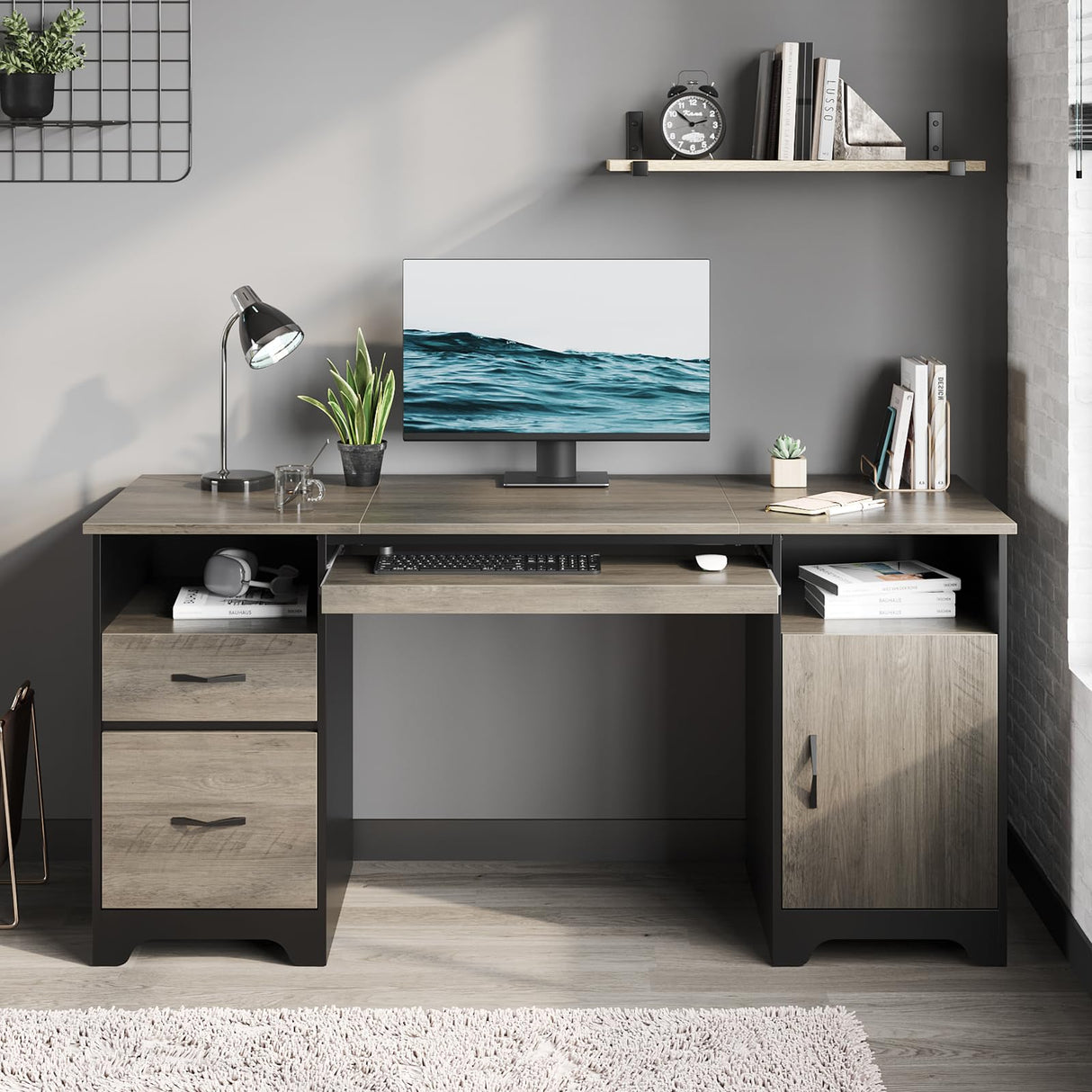 Bestier 59” Executive Desk with 2 Drawers, Computer Desk with Storage Cabinet, Industrial Wood Desk with File Drawer, Keyboard Tray & 2 Pedestals for Home Office & Studio, Gray Bestier