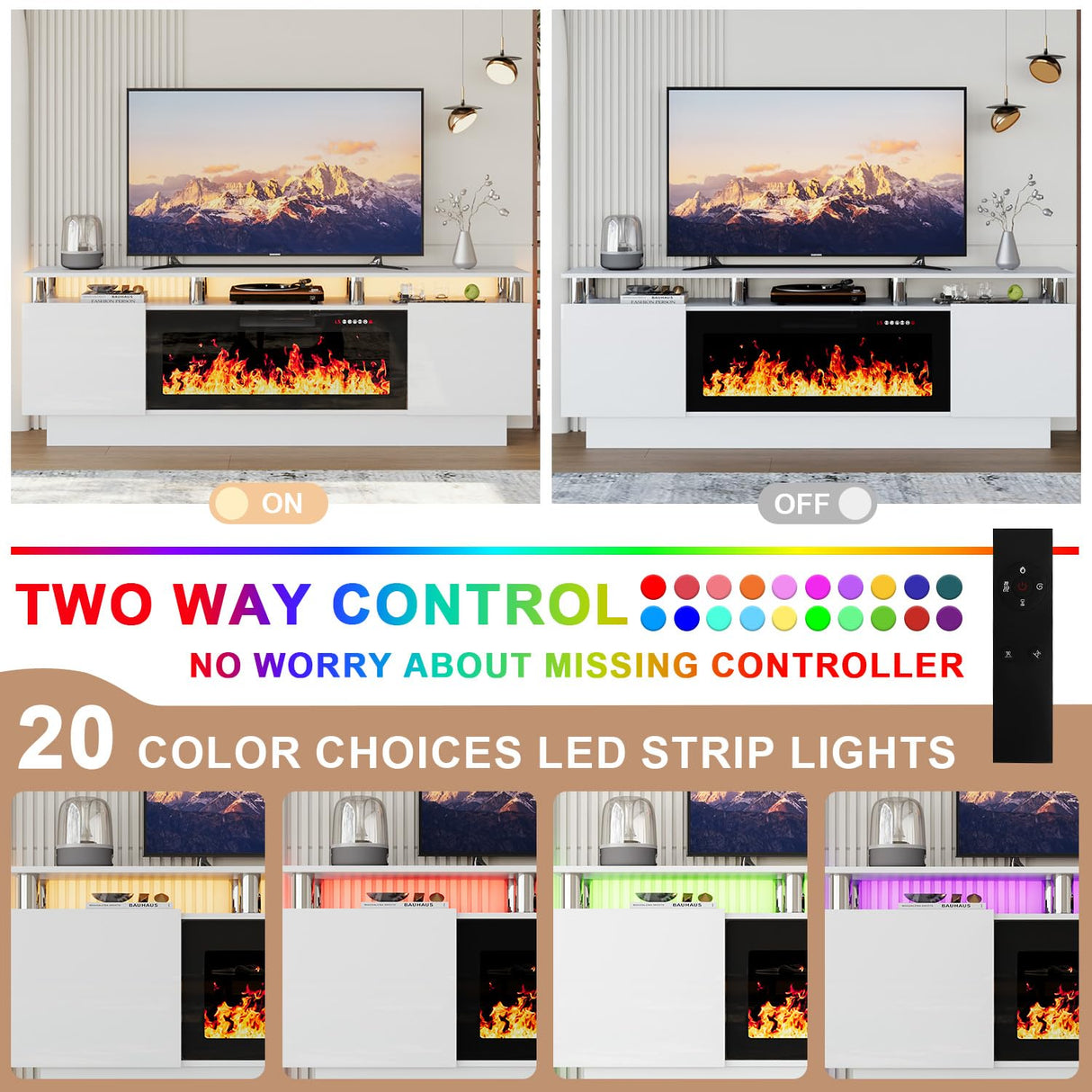 PRETZI Fireplace TV Stand with 36" Fireplace, 2 Tier 70" LED Entertainment Center with Fireplace for TVs Up to 80", Modern Wood TV Media with Storage Cabinets for Living Room, White PRETZI