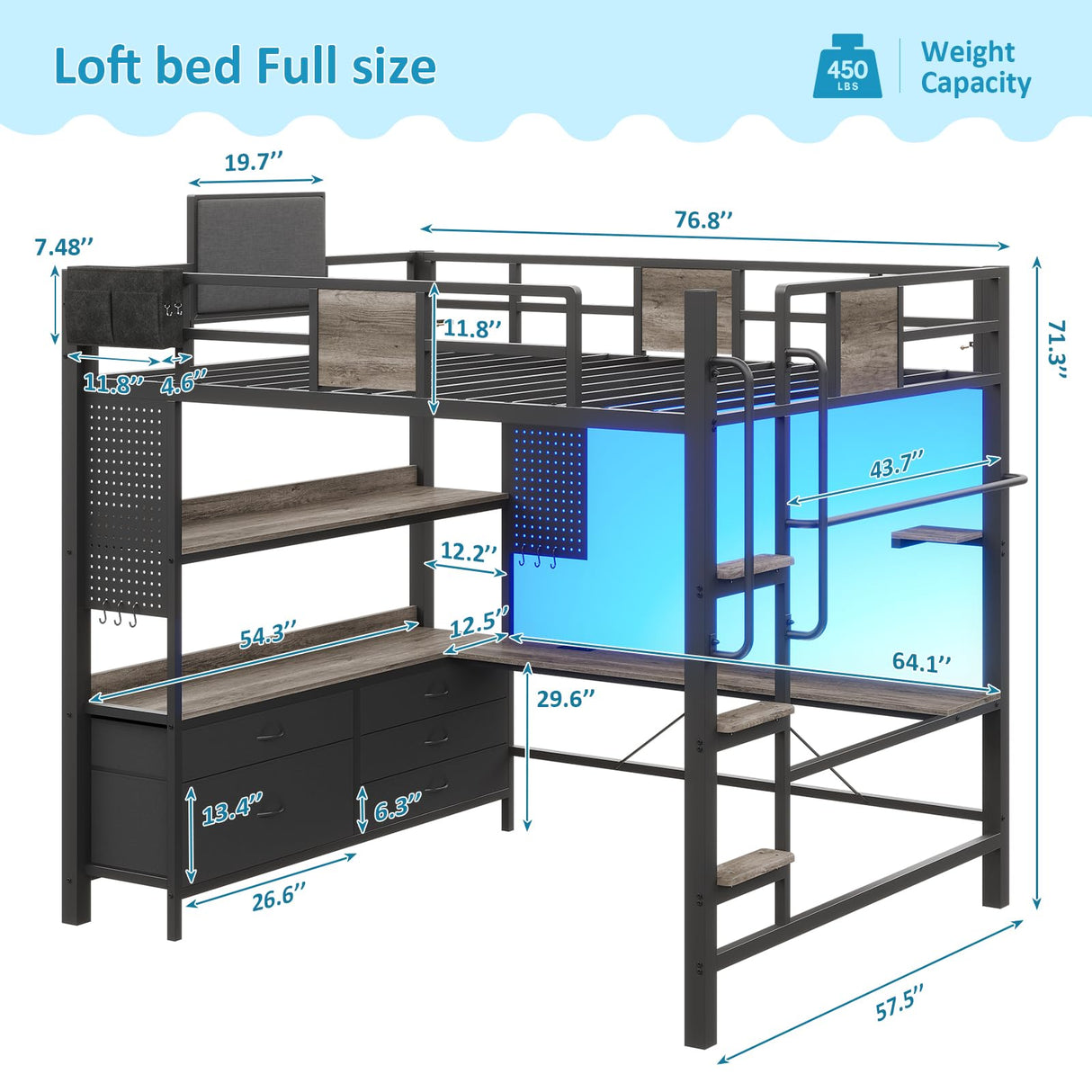 busyaeh Loft Bed Full Size with 5 Drawers & 3 Open Shelves and Charging Station,Full Size Loft Bed with Desk & LED Lights and Thickened Tread Stairs,Loft bed Space-Saving,No Box Spring Needed,Oak Gray busyaeh