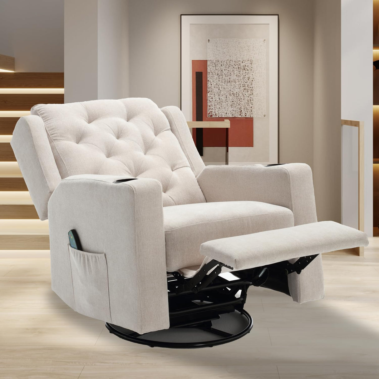 Comermax Oversized Massage Recliner Chair Swivel Rocker Recliner for Adult, Wide Seat Fabric Reclining Chair, Manual Recliner Chair with Cup Holder, Glider Rocking Chair for Nursery, Beige Comermax