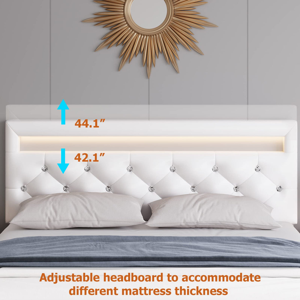 Keyluv Modern Upholstered Queen Bed Frame with LED Lights, Faux Leather Low Profile Platform Bed Frame, Adjustable Crystal Button Tufted Headboard, Strong Wood Slat Support, Easy Assembly, White Keyluv