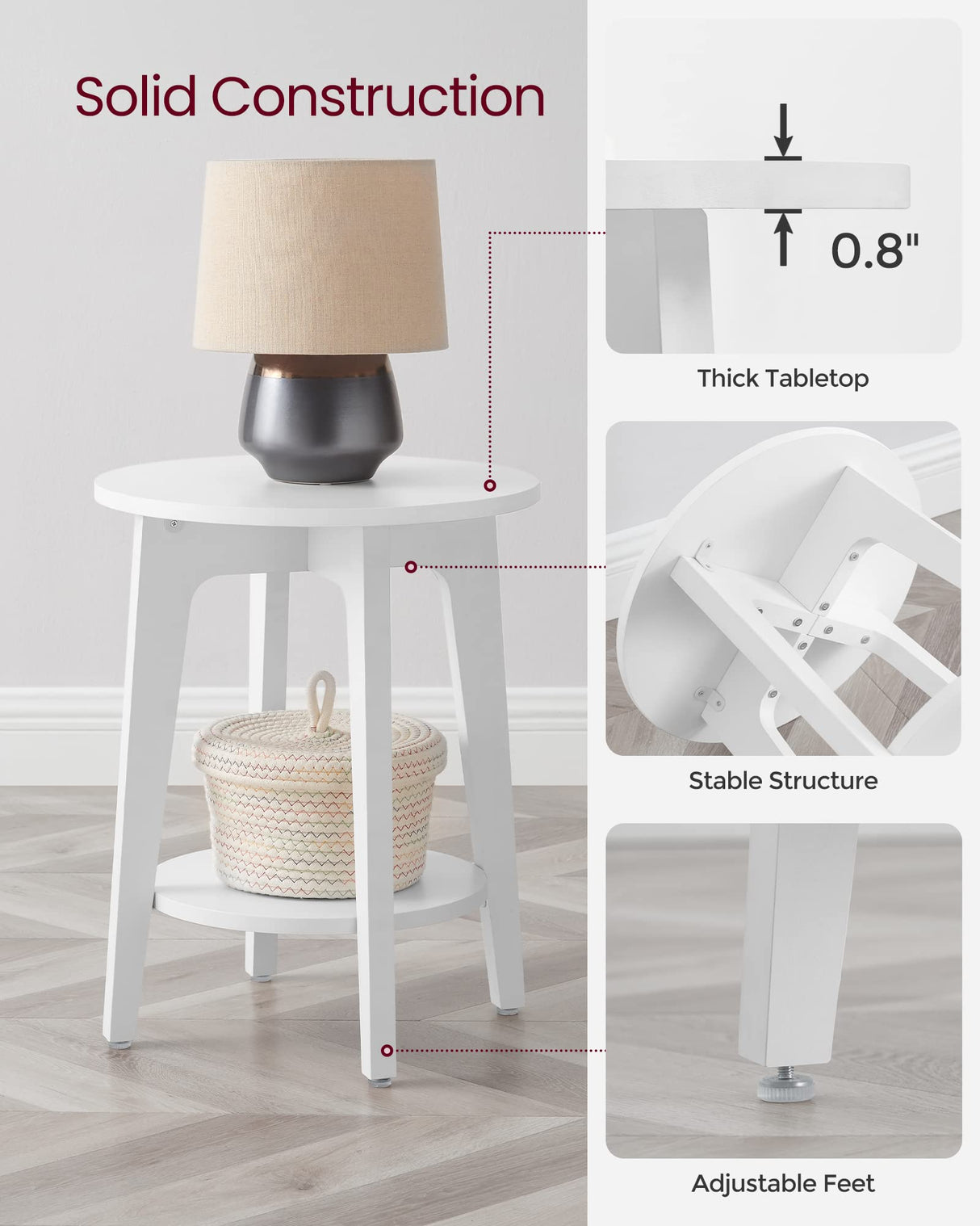 VASAGLE Side Table, Small Round End Table with Lower Shelf, Nightstand for Small Spaces, Living Room, Bedroom, White ULET283T14 VASAGLE