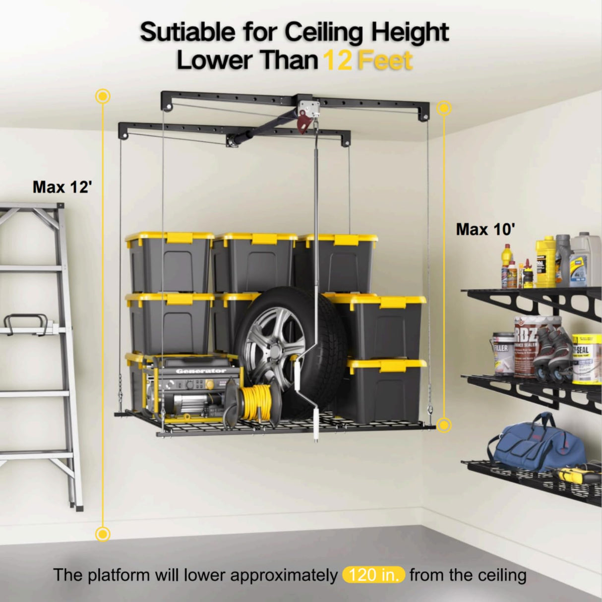 Overhead Garage Storage Rack for 10-12 ft Ceiling, Heavy-duty 4x4 FT Garage Ceiling Storage Racks with Safety Lock, Ideal for Storage Mounted Lift System and Storage Organizer, 250lbs Capacity KOKORACKER