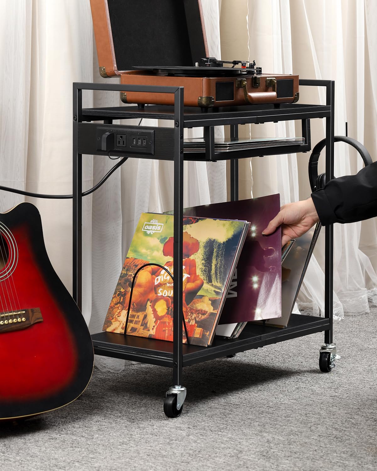 MOOACE Record Player Stand, Vinyl Storage Cabinet, Turntable Stand with Charging Station, Record Holder, Album Shelf, Nightstand, 2 Tier End Table on Wheels for Bedroom and Living Room, Black MOOACE