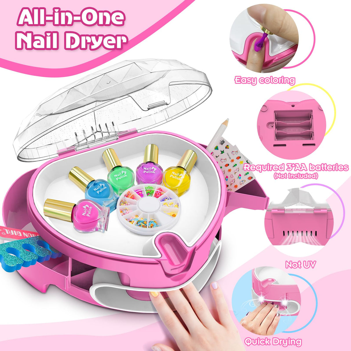 Ylovetoys Kids Nail Polish Set for Girls, Nail Art Kit for Kids Ages 7-12, All-in-One Nail Salon with Nail Dryer & Press On False Nails,DIY Decorative,Non-Toxic Polish,Stickers, Little Girl Gift Toys Ylovetoys