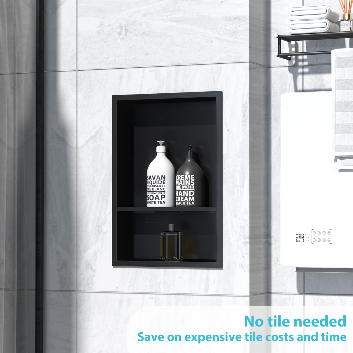 Qeke Stainless Steel Shower Niche 18" X 12", No Tile Needed Wall Niche Double Shelves, Recessed Shower Shelf for Bathroom Storage, Matte Black Qeke