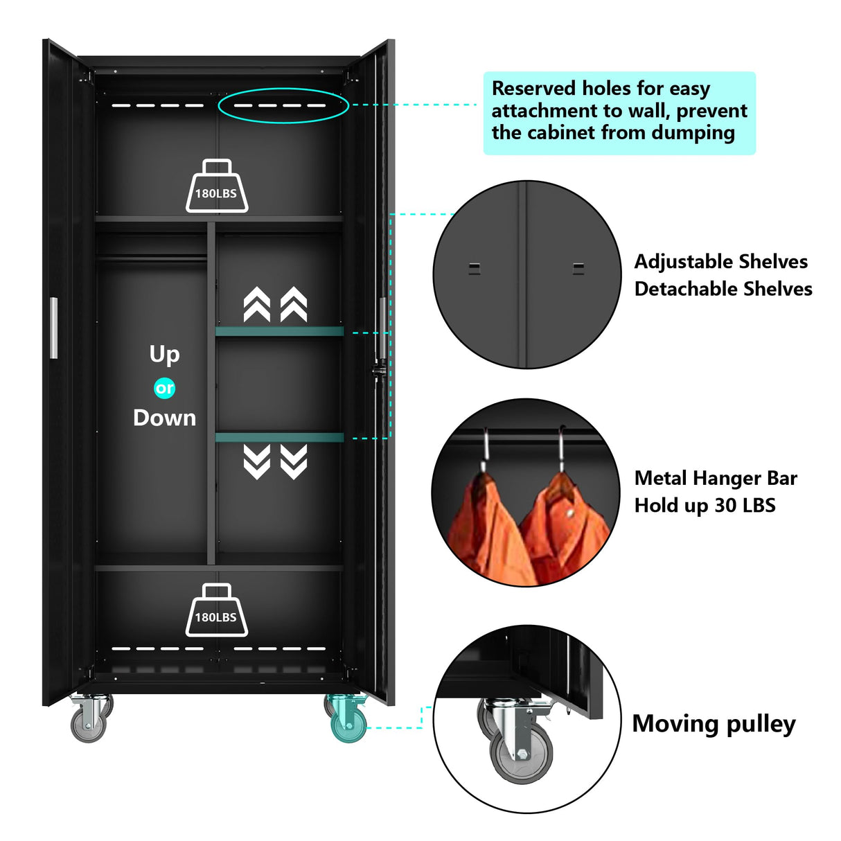 kingwolfox Metal Storage Cabinets Locker for Home Office, 72" Garage Storage Cabinet with Wheels, Lockable Doors and Shelves, Steel Wardrobe Cabinet with Hanging Rod. kingwolfox