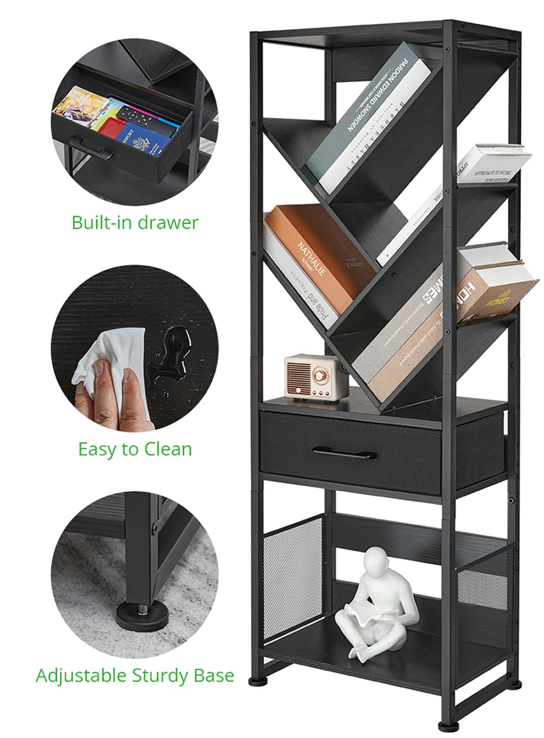 ZEXVIDA Bookshelf with Drawer,8 Tier Tree Bookcase Retro Floor Standing Bookshelves,Tall Wood Bookcases with Cabinet Storage Organizer for Living Room, Bedroom & Home Office, Black ZEXVIDA