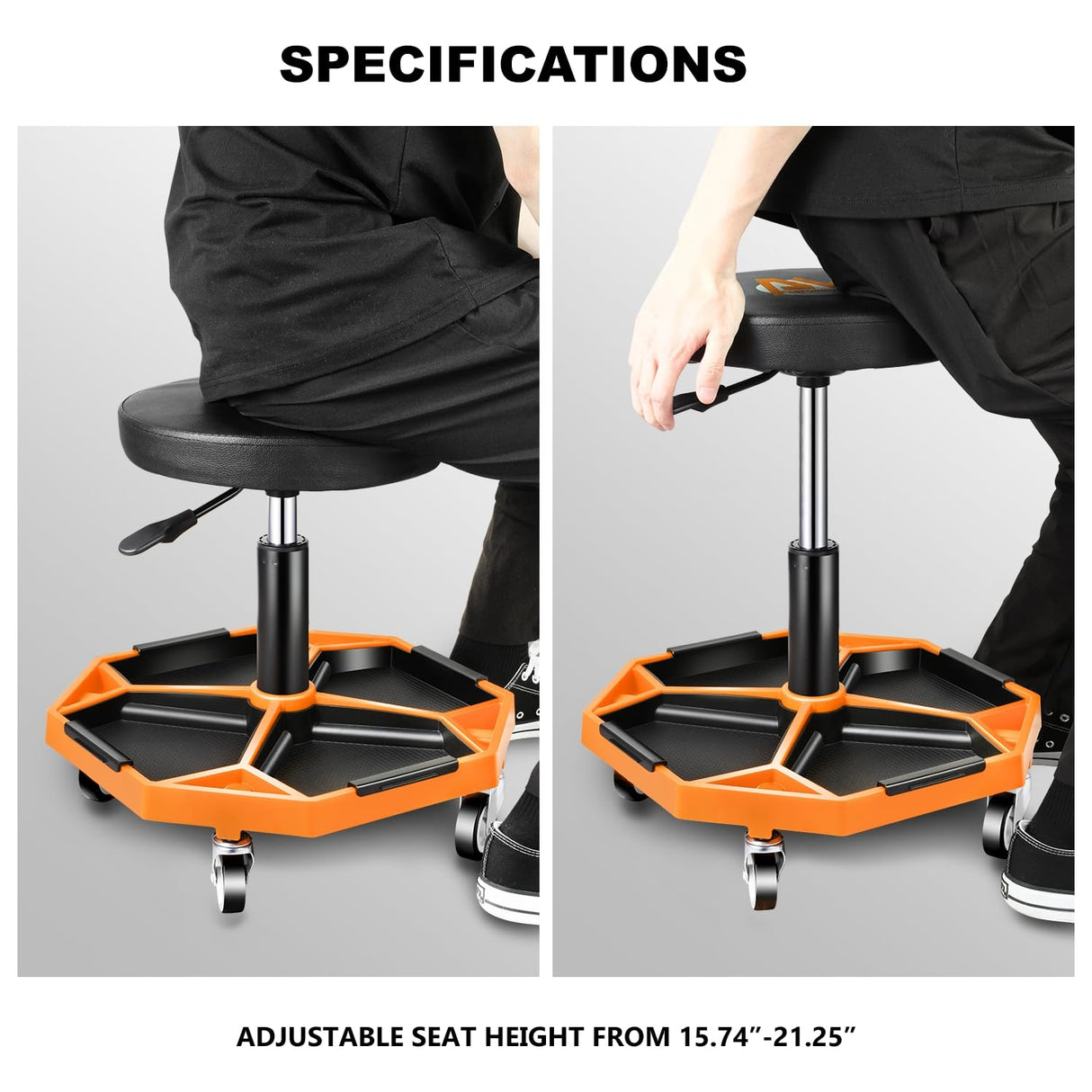 PM PERFORMOTOR Adjustable Height Pneumatic Garage Seat Rolling Mechanic Stool with Tool Tray Storage,300lbs Max Weight Capacity, Orange,PM-TOL-ATS-OG PM PERFROMOTOR