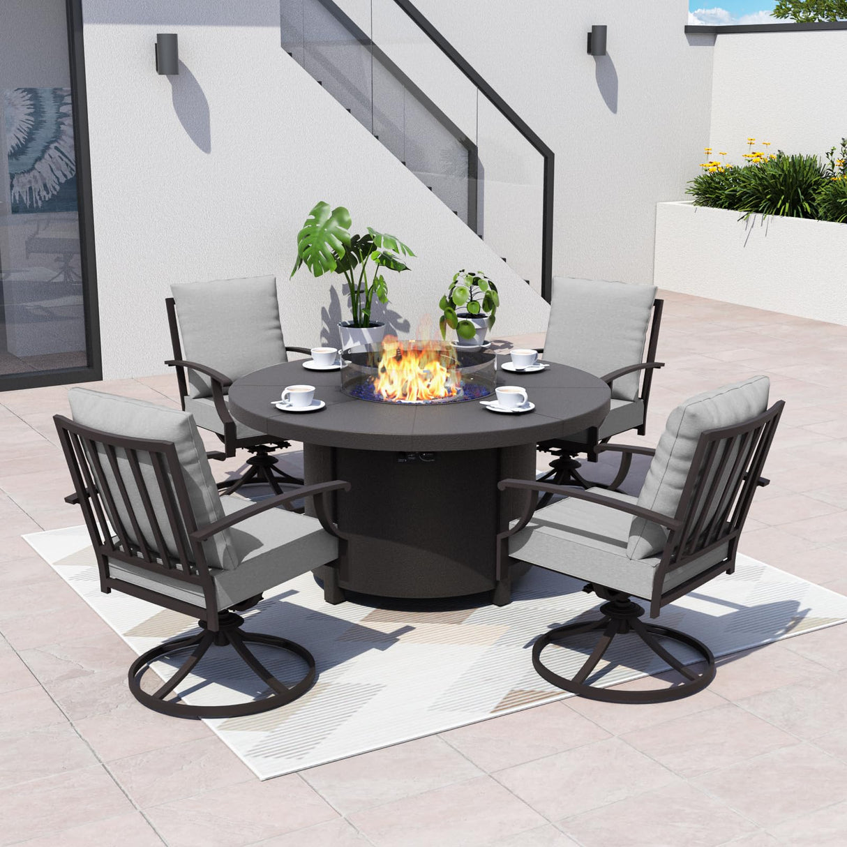 Kurapika 5 Piece Metal Outdoor Patio Furniture Set with Round Fire Pit Table, Patio Conversation Sets 4 Swivel Chairs with Thick Cushion and 40000 BTU Fire Pit Table, Gray Kurapika