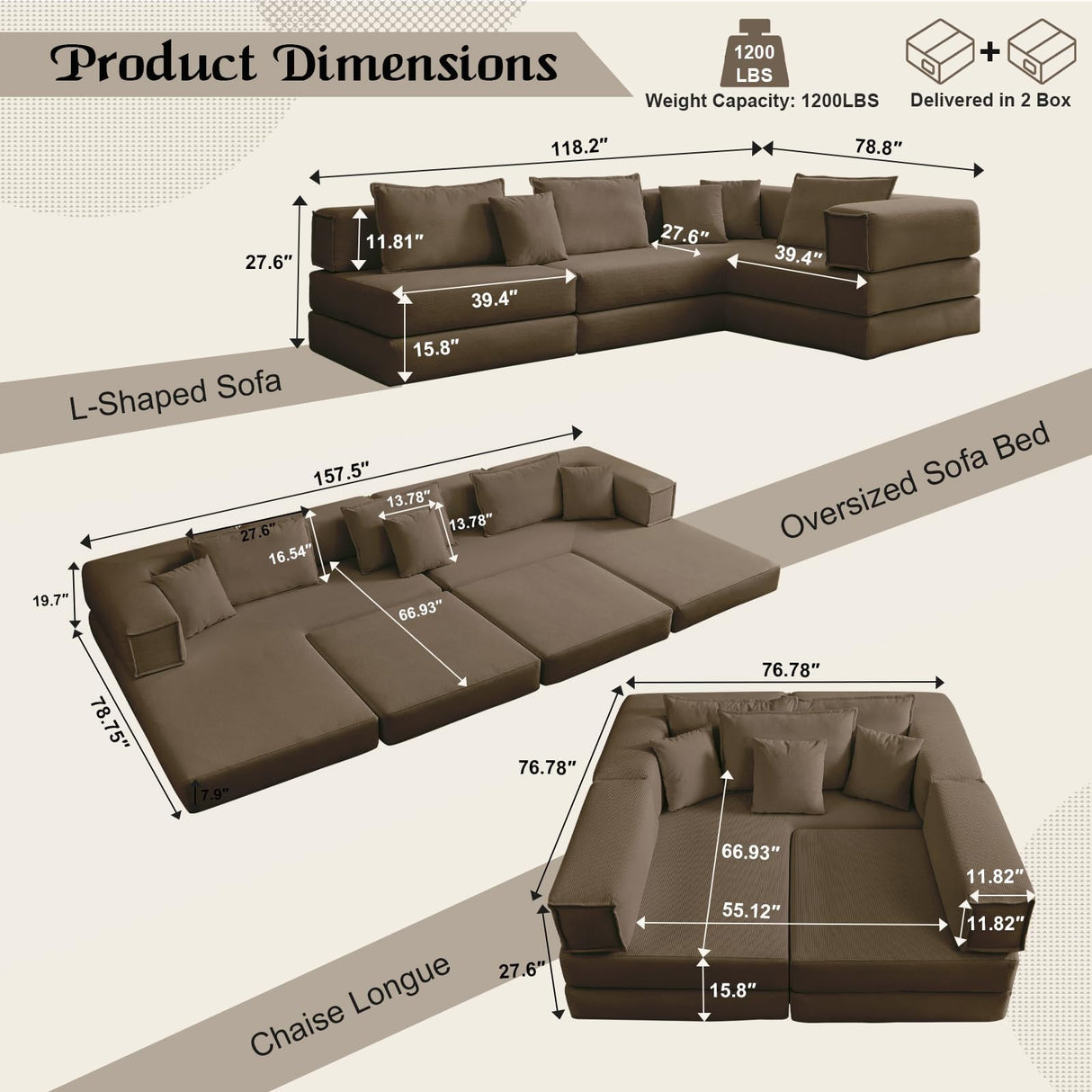 6-in-1 DIY Modular Cloud Sectional Couch, L Shaped Memory Foam Boneless Couch for Living Room, Oversized Corduroy Sofa Bed, Upholstered Deep Seat Sectional Sofa, No Assembly Required (Brown) SCZMWJ