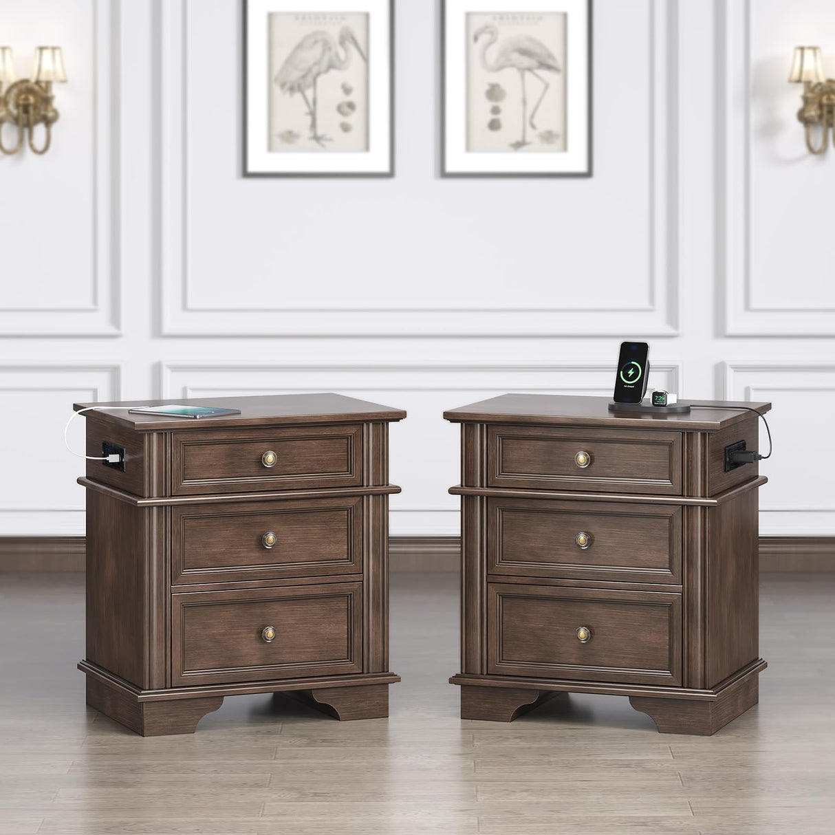 VINGLI Brown Nightstand Set of 2, Night Stand with Charger Station, Wood Nightstand with Textured Drawers, Large Nightstand, 3 Drawer Nightstand, Bedroom Nightstand, Bedside Table, Side Table VINGLI