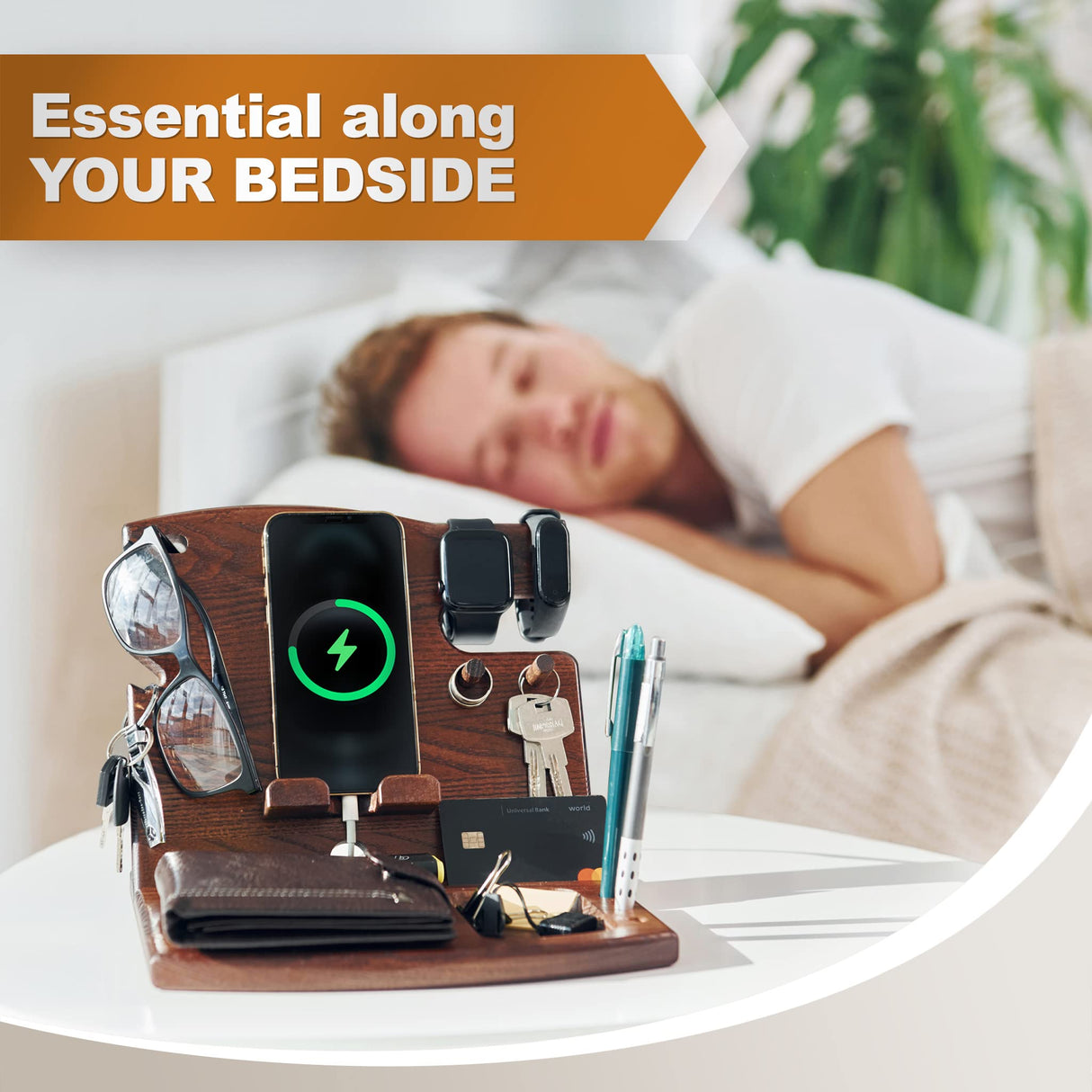 TESLYAR Wood Phone Docking Station Ash Hooks Key Holder Wallet Watch Stand Watch Organizer Men Husband Anniversary Dad Birthday Nightstand Purse Father Graduation Male Travel Gadgets TESLYAR