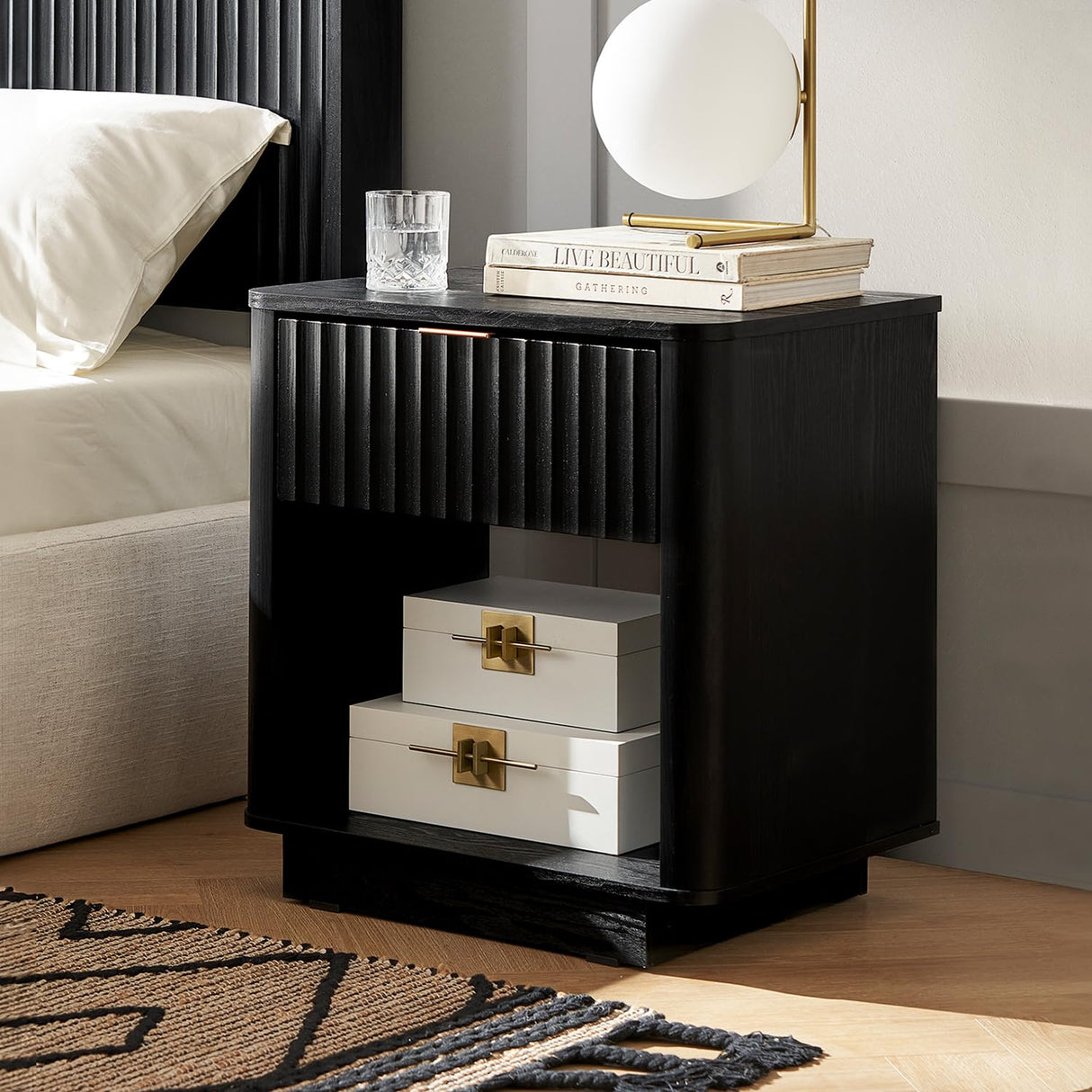 mopio Brooklyn Night Stand, Modern Farmhouse Nightstand, Small Side Table, Bedside Table with Drawer, End Table with Storage, Fluted Panel, Curved Profile (Black Oak, Single) mopio