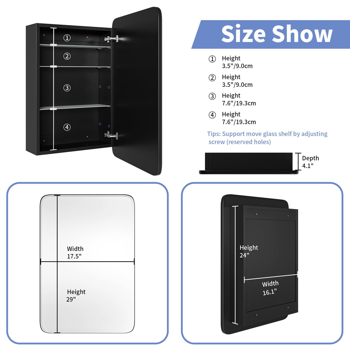 AGDULL Vintage-Style Bathroom Wood Black Cabinet with 17.5''x29'' Curved Mirror, Recessed Medicine Cabinet, Bathroom Storage Cabinet AGDULL