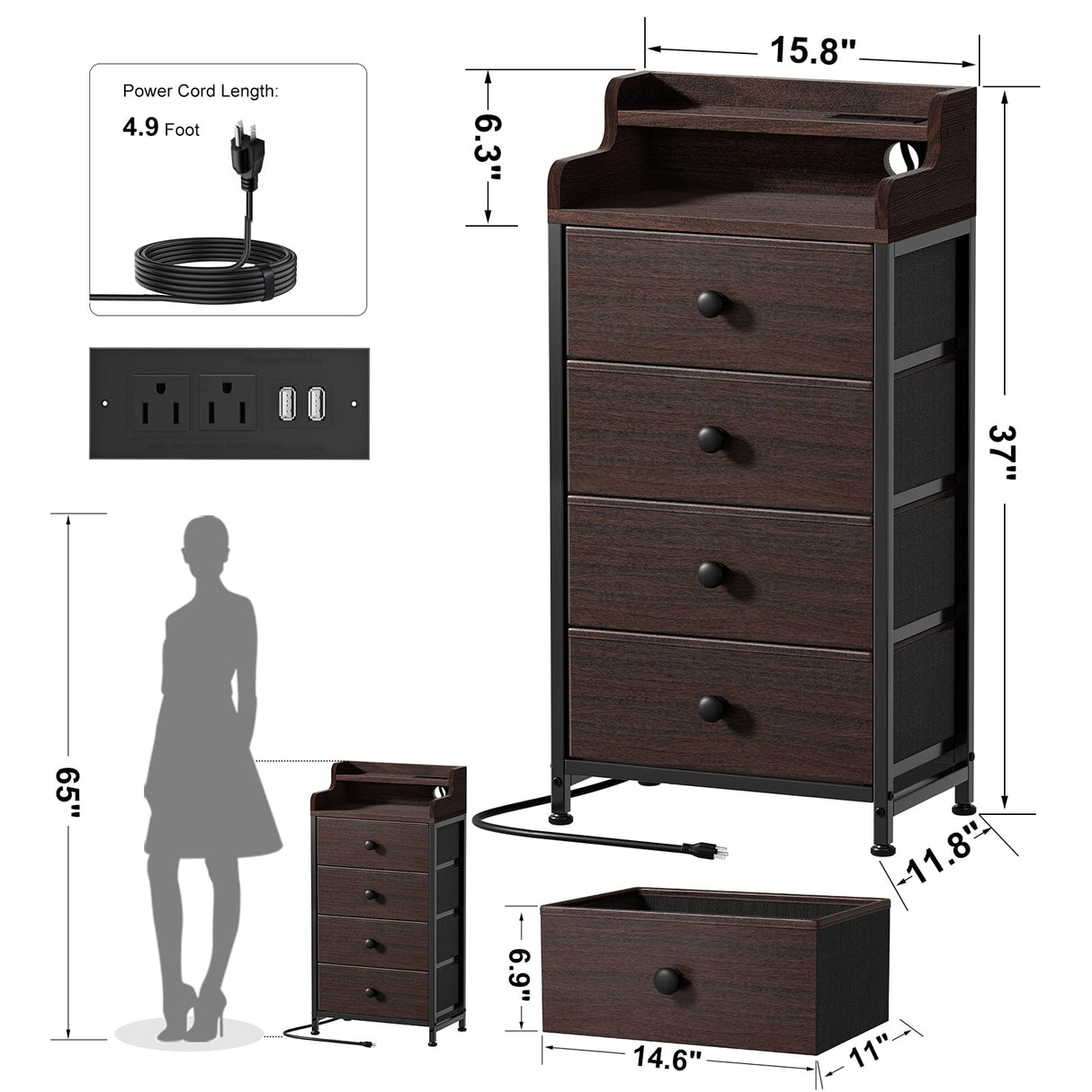 REAHOME Nightstand with Charging Station and LED Light, Tall Brown Night Stand with 4 Drawers and 2-Tier Shelf, Bedside Table with Sturdy Steel Frame Wood Top for Bedroom, Living Room - Brown REAHOME