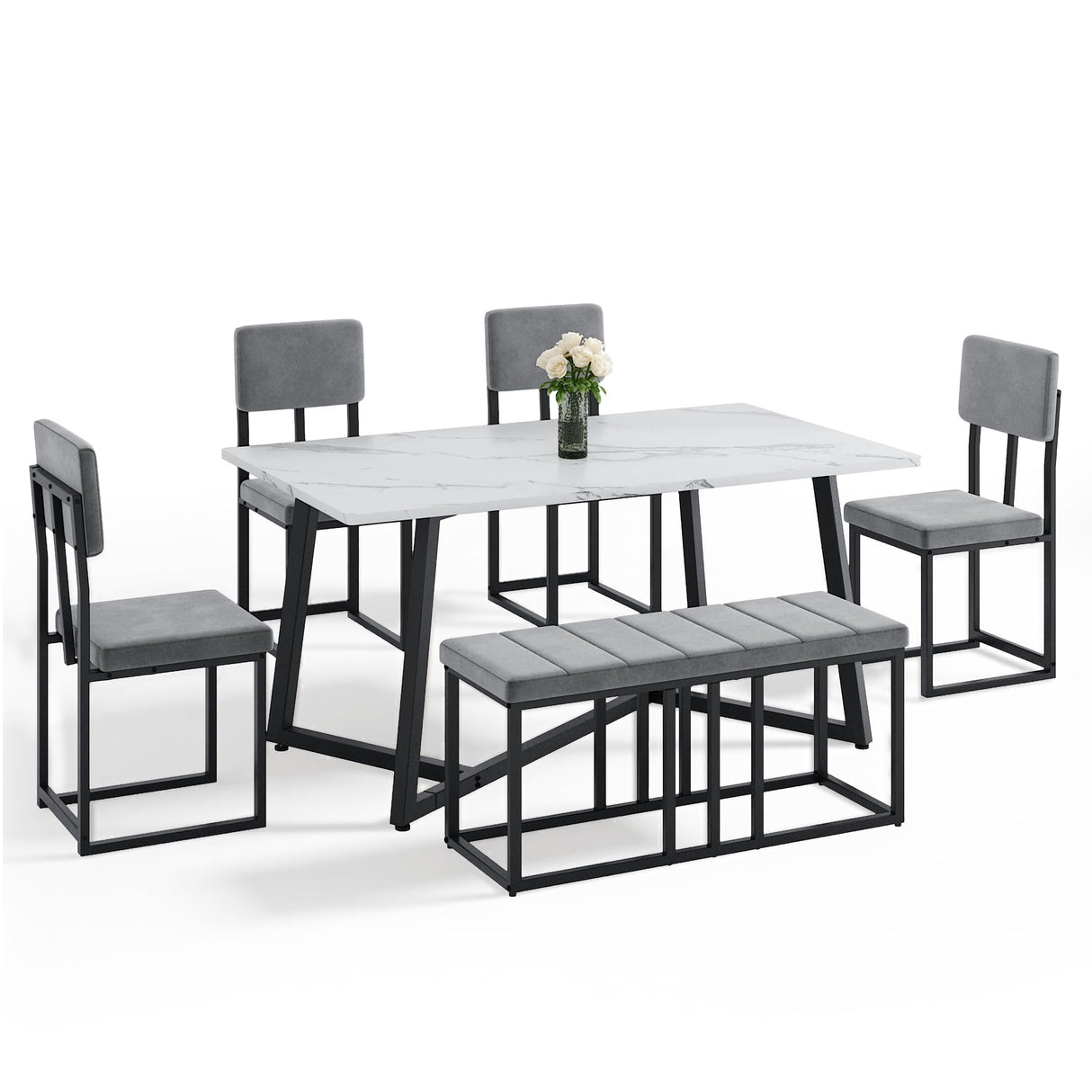 HUGROVE 6-Piece Dining Table Set, 51.18'' Faux Marble Rectangular Table with 4 Velvet Upholstered Dining Chairs and Bench, Modern Kitchen & Dining Room Furniture for Family Gathering (Dark Gray) HUGROVE