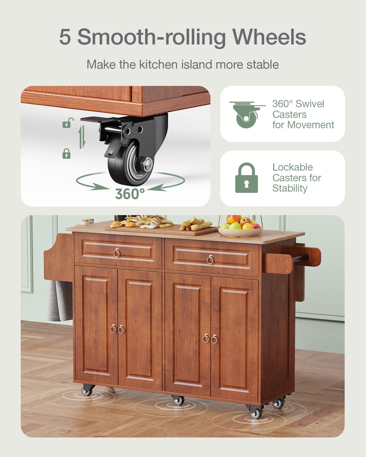 Qsun Kitchen Island with Drop Leaf and Storage, on Wheels Two Drawers, Large Storage Cabinet, Towel Rack Spice Cart Brown Qsun