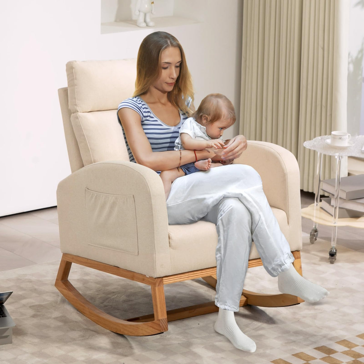 GarveeHome Nursery Glider Chair Rocking Chair, Upholstered Nursery with Rubber Wood Legs, Comfy High Backrest, Side Pockets, Accent Rocker Armchair for Living Room, 27.6" D x 33.9" W x 41.1" H, White GarveeHome