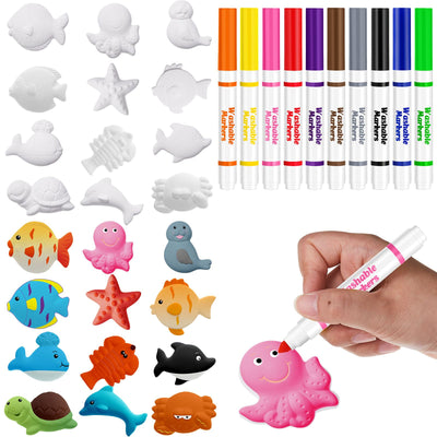 Janlaugh 22 Pcs Ocean Animals Ceramic Painting Kit with 10 Washable Markers Sea DIY Animals Ceramic Figurines to Paint, Paint Your Own Dolphin Octopus Turtle Starfish Seal Whale Toy Crafts for Kid