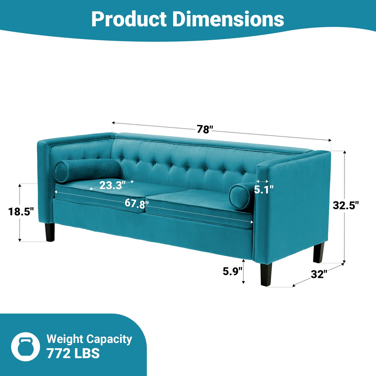 Dreamsir 78'' W Velvet Sofa, Mid-Century Love Seats Sofa Furniture with Bolster Pillows, Button Tufted Couch for Living Room, Tool-Free Assembly (Sofa, Peacock Blue) Dreamsir
