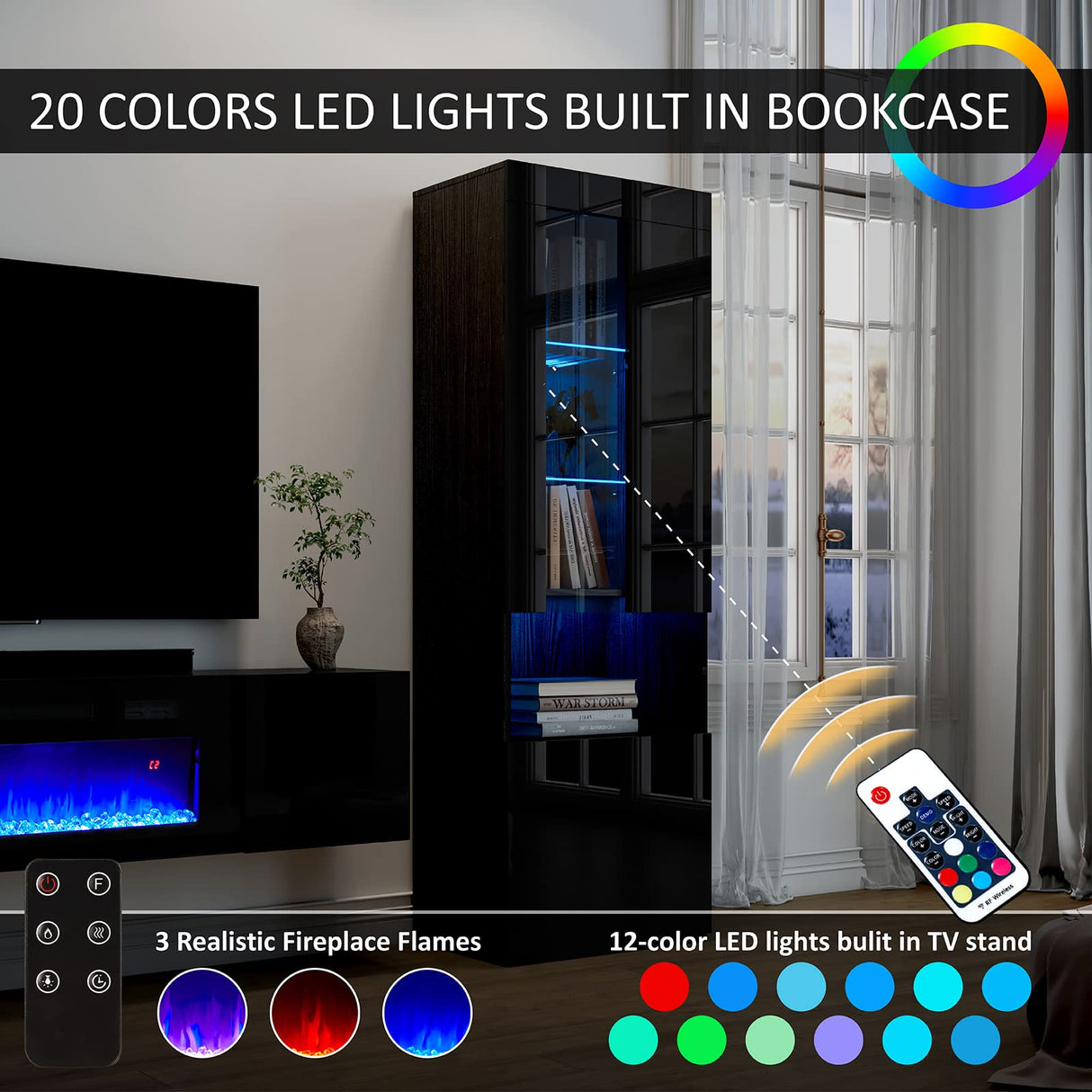 AMERLIFE High Gloss Living Room Entertainment Center with LED Lights, Including Floating Fireplace TV Stand with 36" Electric Fireplace & 2 Bookcases with Glass Doors, Black AMERLIFE