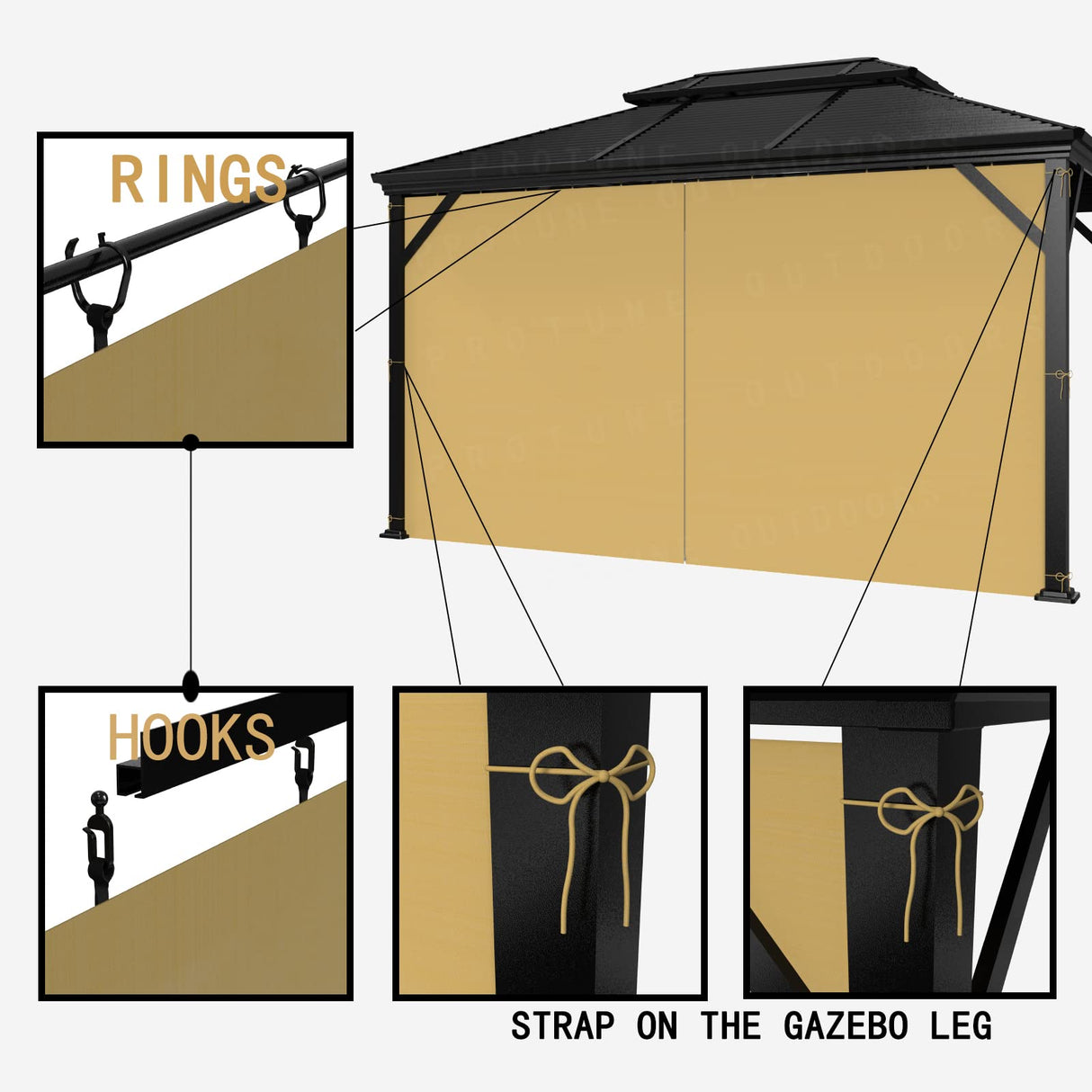 SunCula Replacement 12'- One Panel Gazebo Curtain waterproof, Universal Privacy Shade Curtains Side Wall with Zipper for Patio, Backyard, Garden 10'x12' or 12'x12'Outdoor Gazebo -Khaki(Only curtains) SunCula