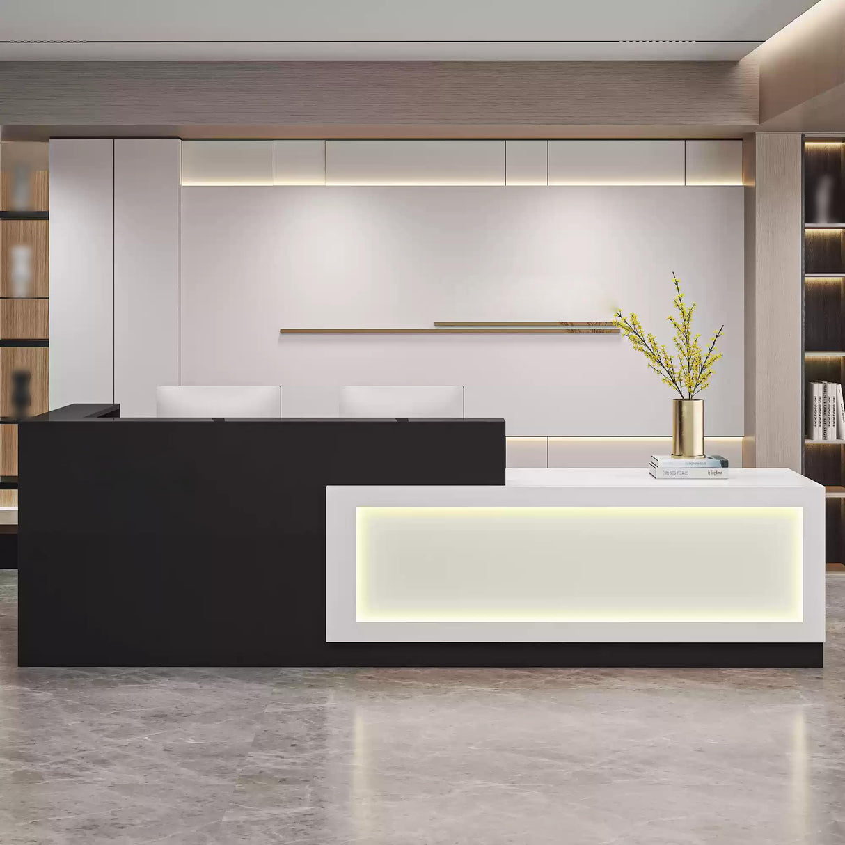 Modern Reception Desk with Counter, Salon Reception Desk with Lockable Drawer & Door Cabinet & Light Strip Receptionist for Office Boutique Lobby Shop cartBit