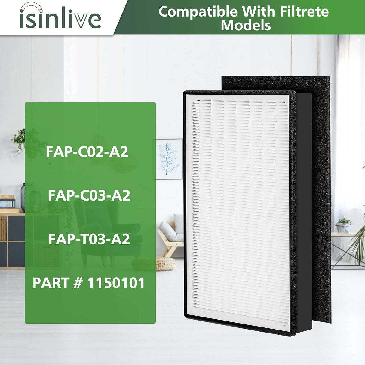 2 Pack A2 H13 HEPA Replacement Filter Compatible with 3M Filtrete Room Air Purifier Models FAP-C02-A2, FAP-C03-A2, FAP-T03-A2, Part # 1150101 isinlive