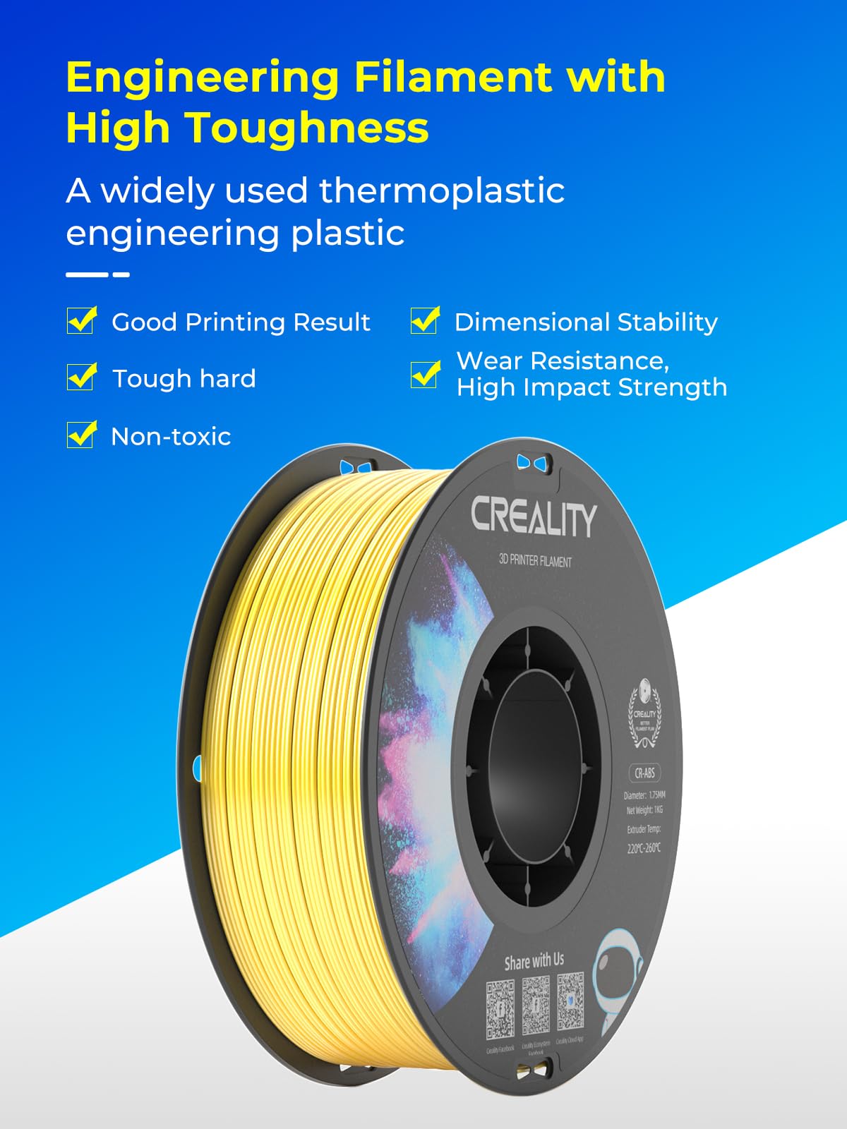 Creality ABS Filament 1.75mm, 3D Printer Filament, Excellent Resistance, Odorless Non-Toxic, Stability, Tough, 1kg(2.2lbs) Printing Filament for 3D Printer (Black) Creality