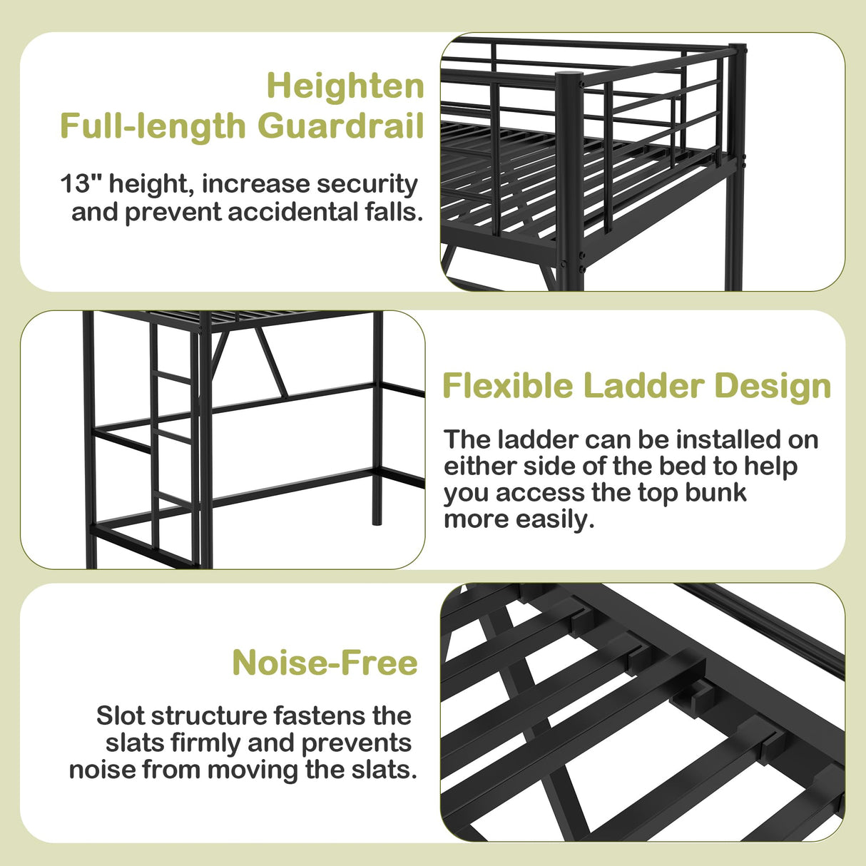 VECELO Metal Loft Bed Twin Size, Heavy Duty Bedframe with Removable Ladder and Safety Guardrail, Space-Saving, Noise Free, No Box Spring Needed, Black VECELO